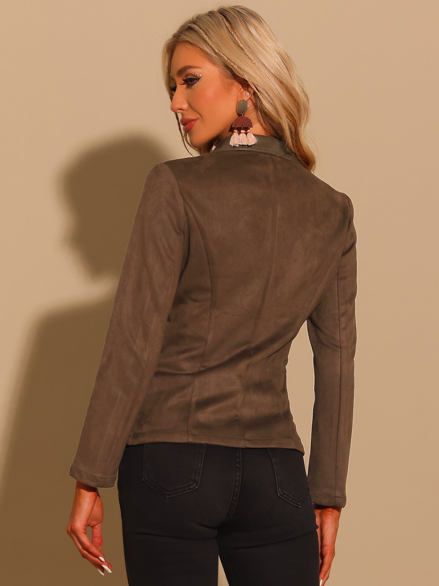 Faux Suede Lapel Collar Cowgirl 2 Button Blazer Jacket