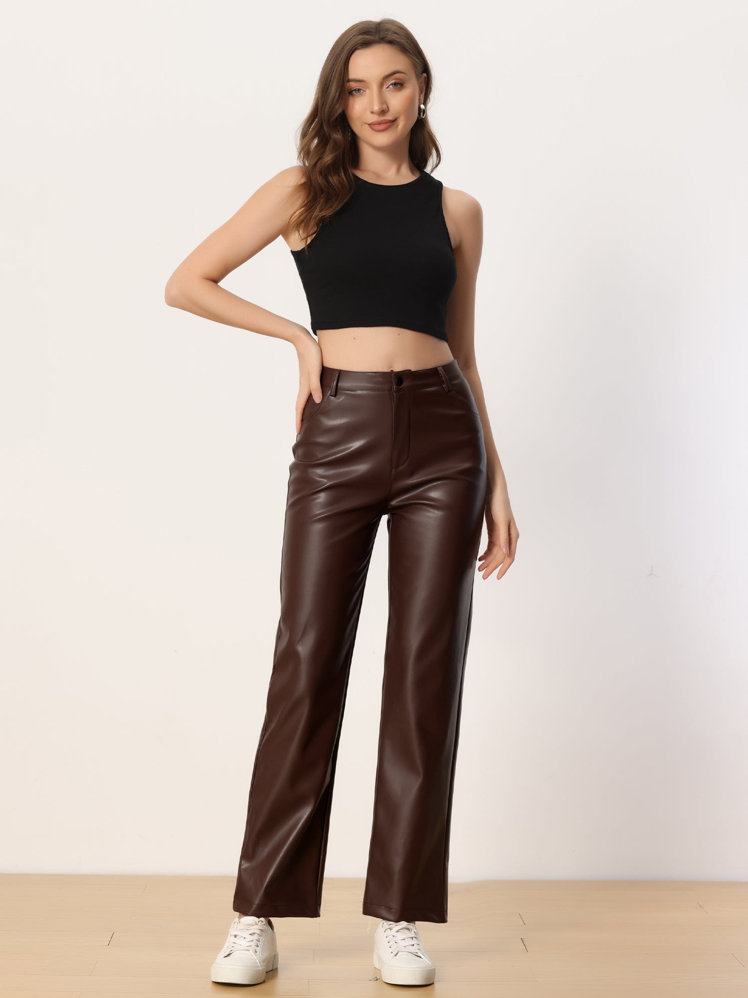 Faux Leather Pants High Waist Straight Leg Casual PU Punk Trousers