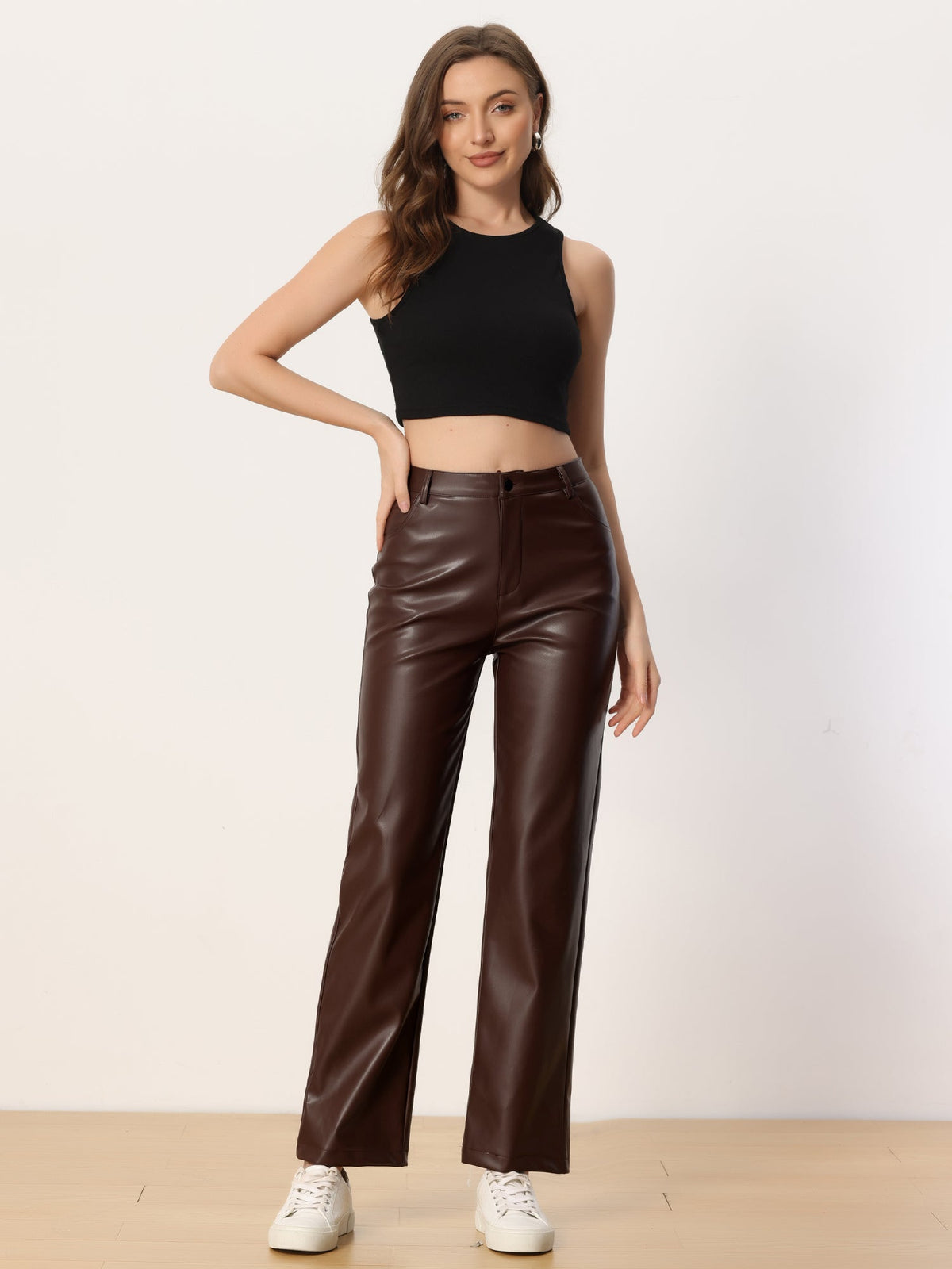 Faux Leather Pants High Waist Straight Leg Casual PU Punk Trousers