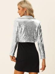 Open Front Blazer Notched Lapel Long Sleeve Sparkly Sequin Jacket