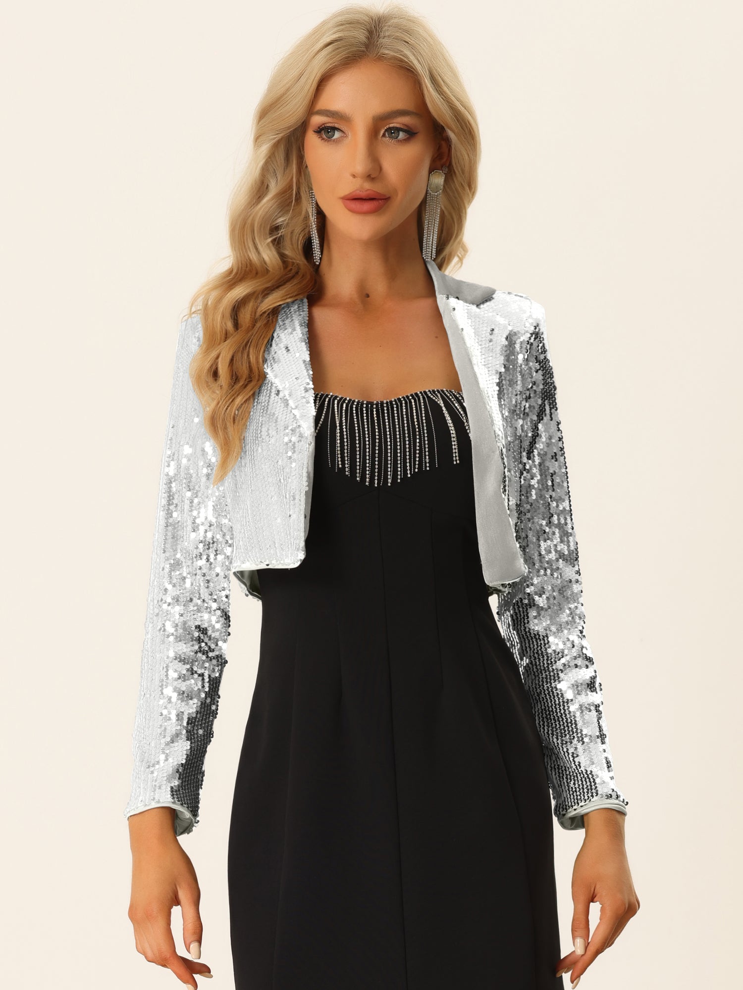 Open Front Blazer Notched Lapel Long Sleeve Sparkly Sequin Jacket