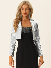 Open Front Blazer Notched Lapel Long Sleeve Sparkly Sequin Jacket
