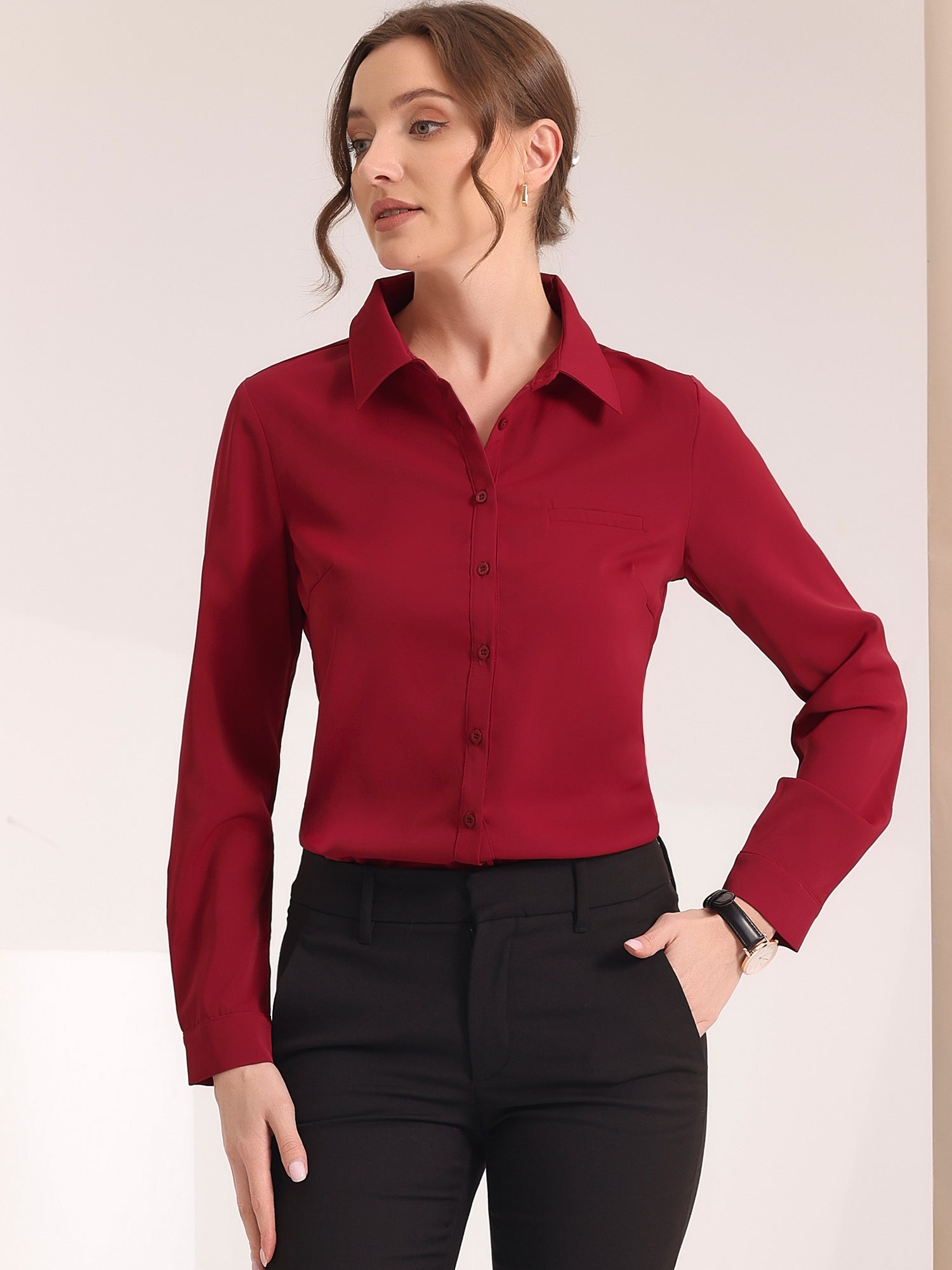 Contrast Collar Shirt Chiffon Long Sleeve Work Office Blouse