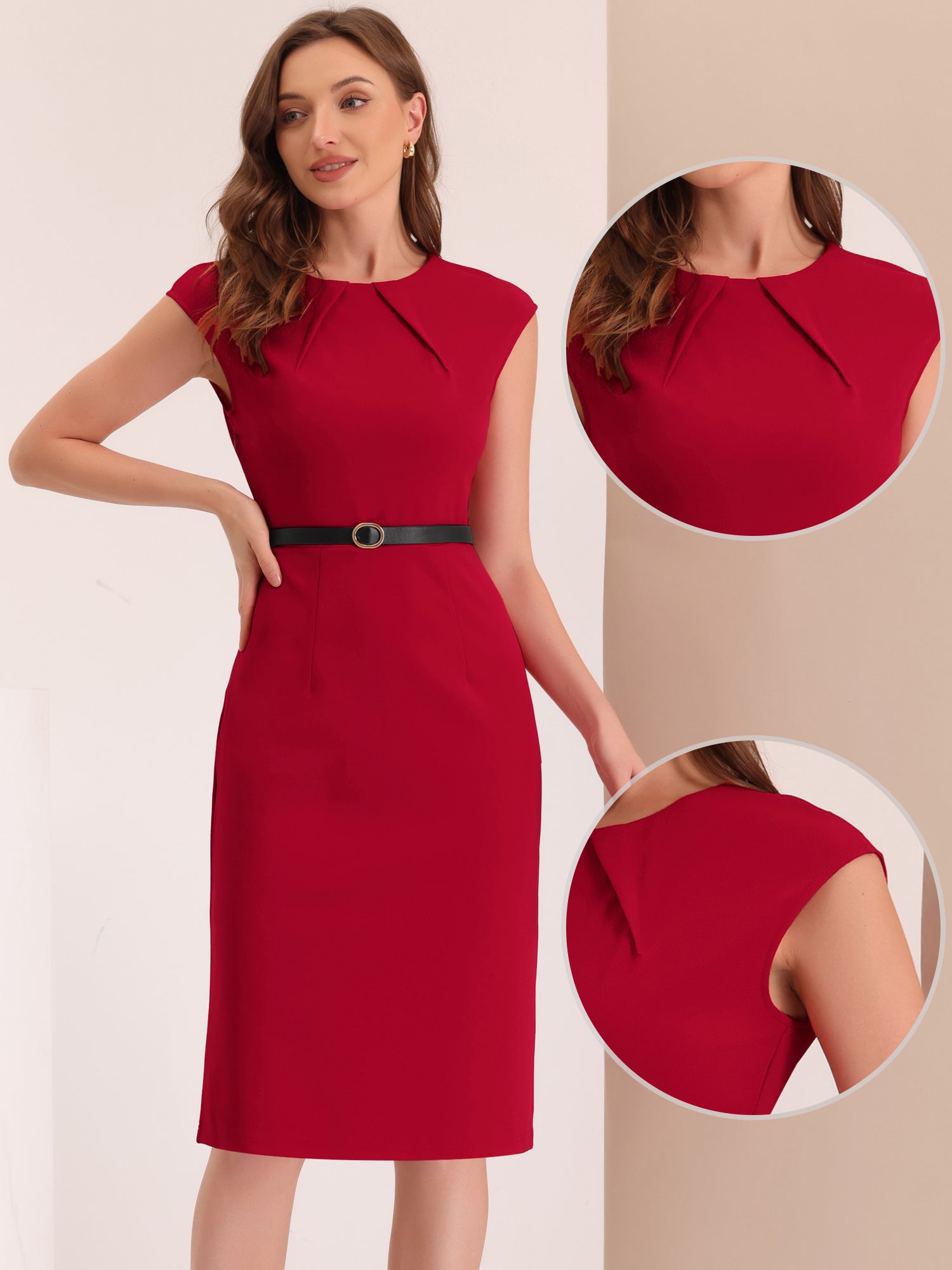 Elegant Business Cap Sleeve Belted Pencil Work Sheath Dress
