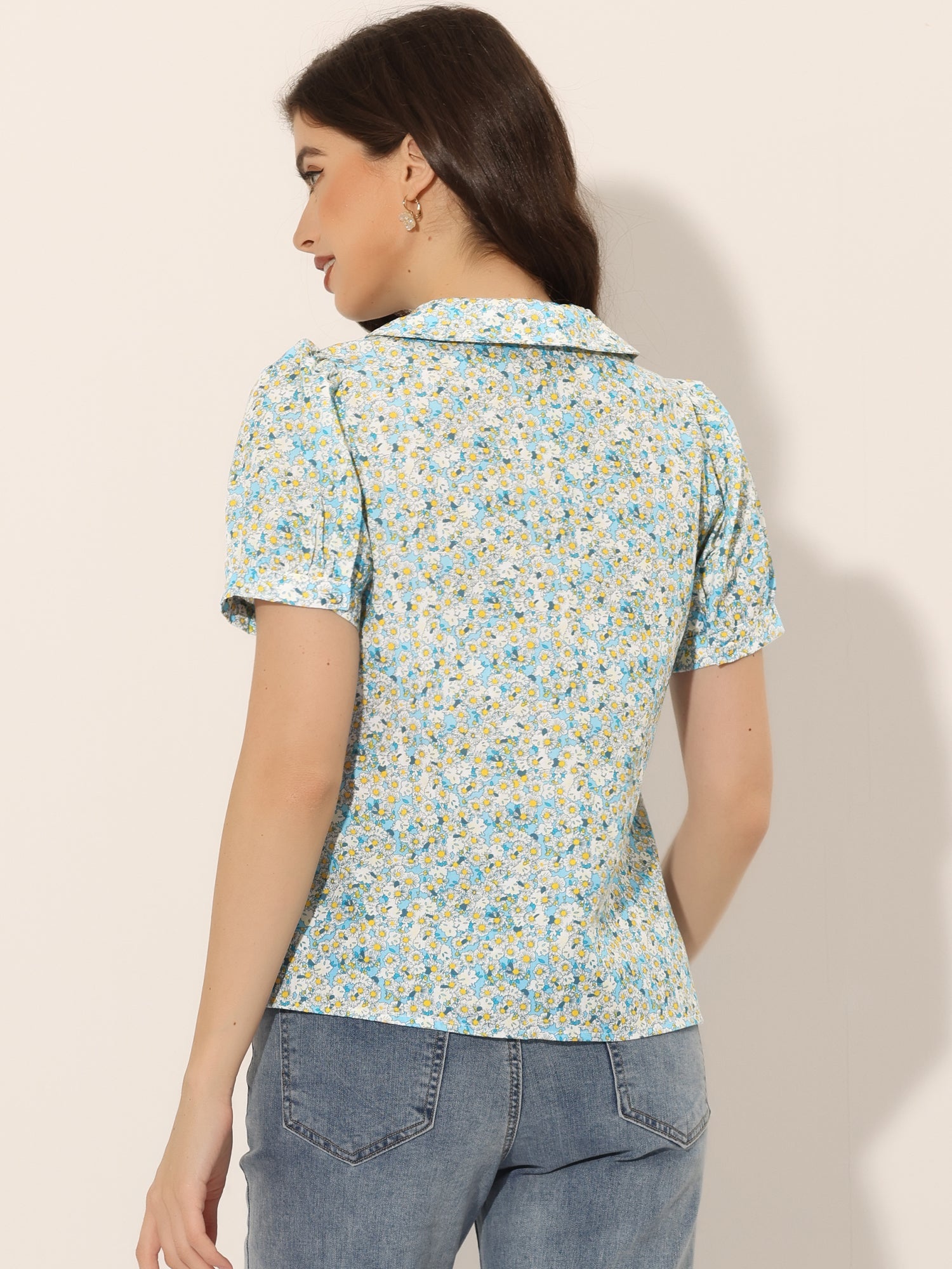Puff Sleeve Shirt Point Collar Top Button Down Floral Blouse