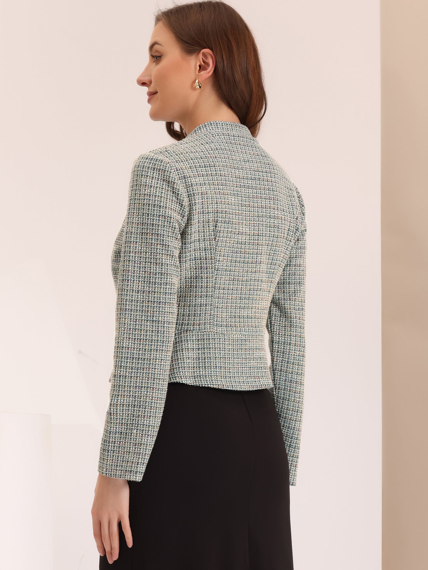 Vintage Tweed Plaid Slim Fit Work Office Cropped Jacket