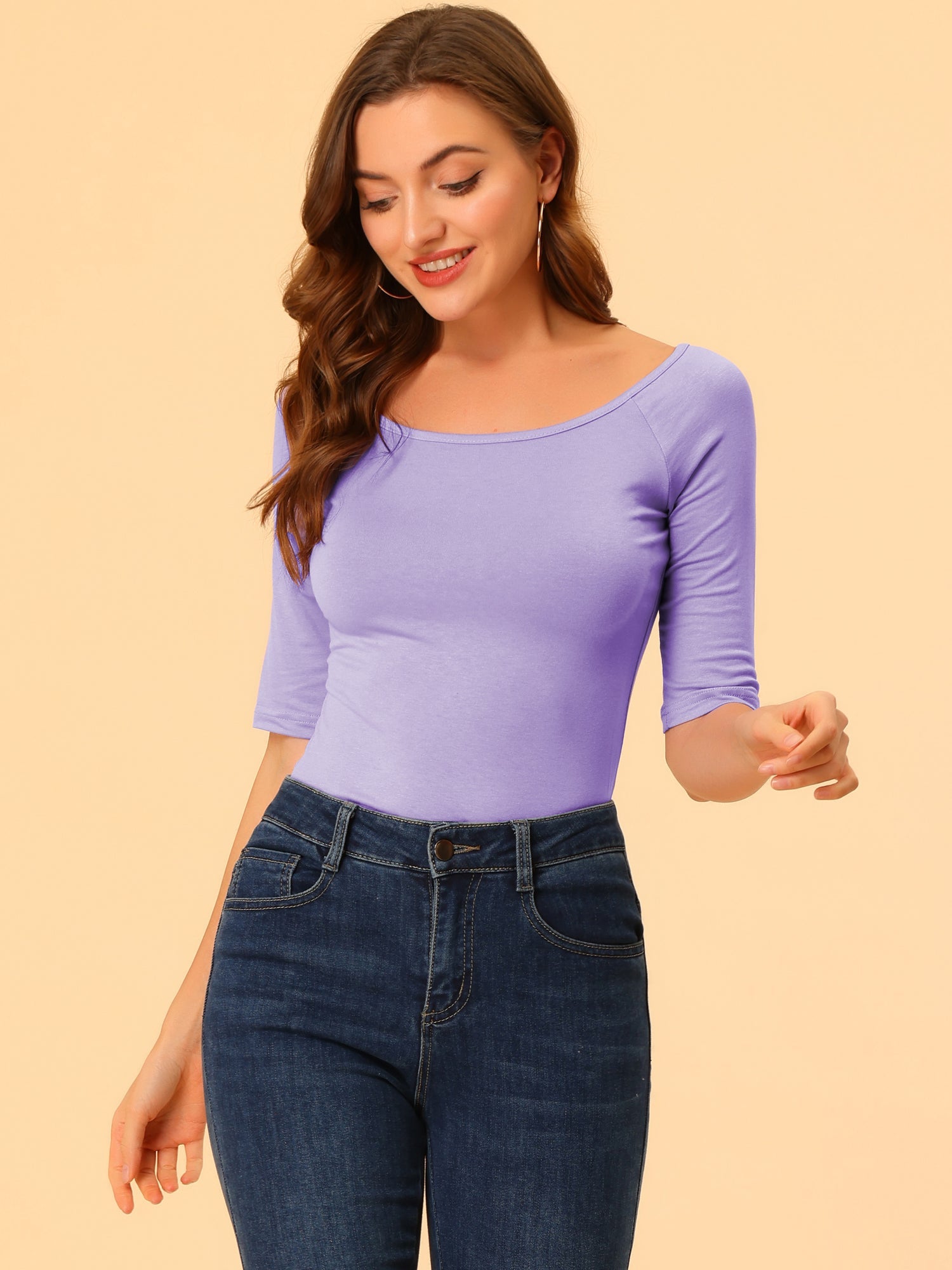 Scoop Neck Half Sleeves Fitted Layering Soft T-Shirt