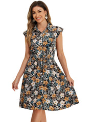 Summer Chiffon Floral Cap Sleeve Drawstring Waist Shirt Dress