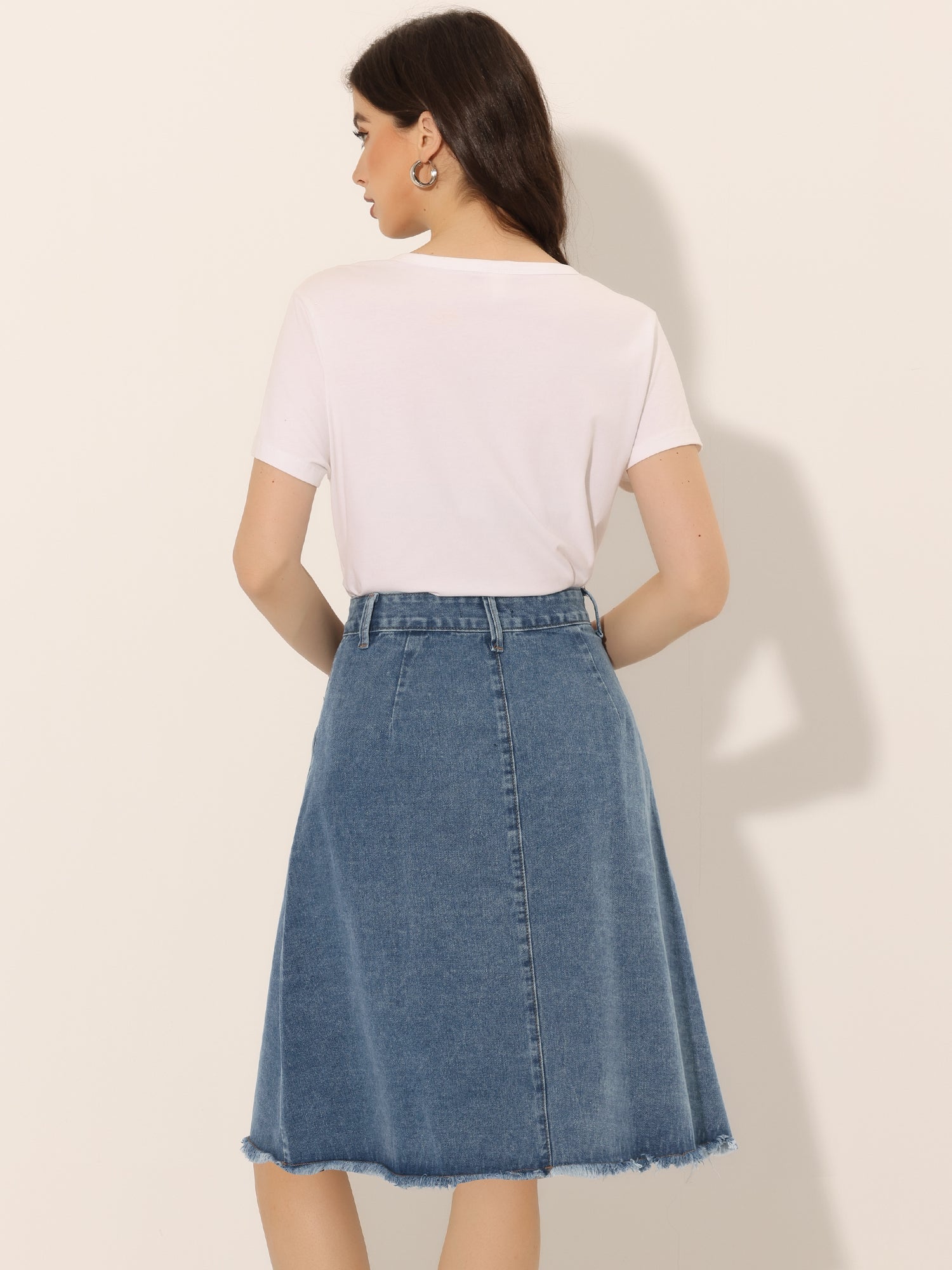 Denim Raw Hem Button Down Midi Jeans Skirt