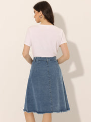 Denim Raw Hem Button Down Midi Jeans Skirt