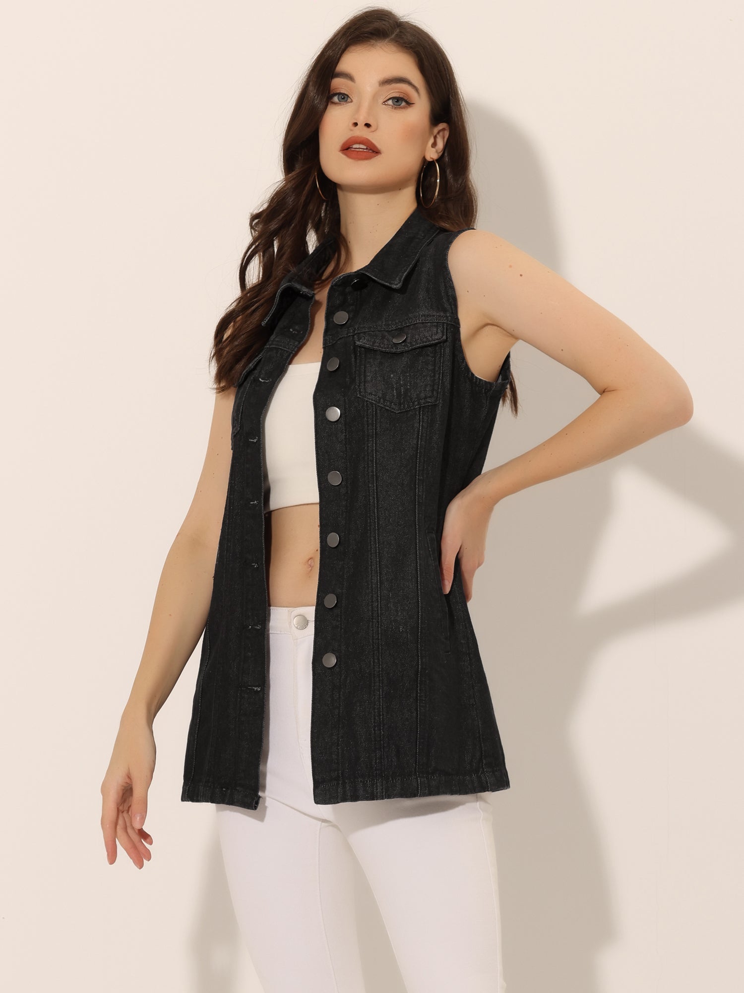 Casual Button Down Waistcoat Sleeveless Mid Long Denim Vest