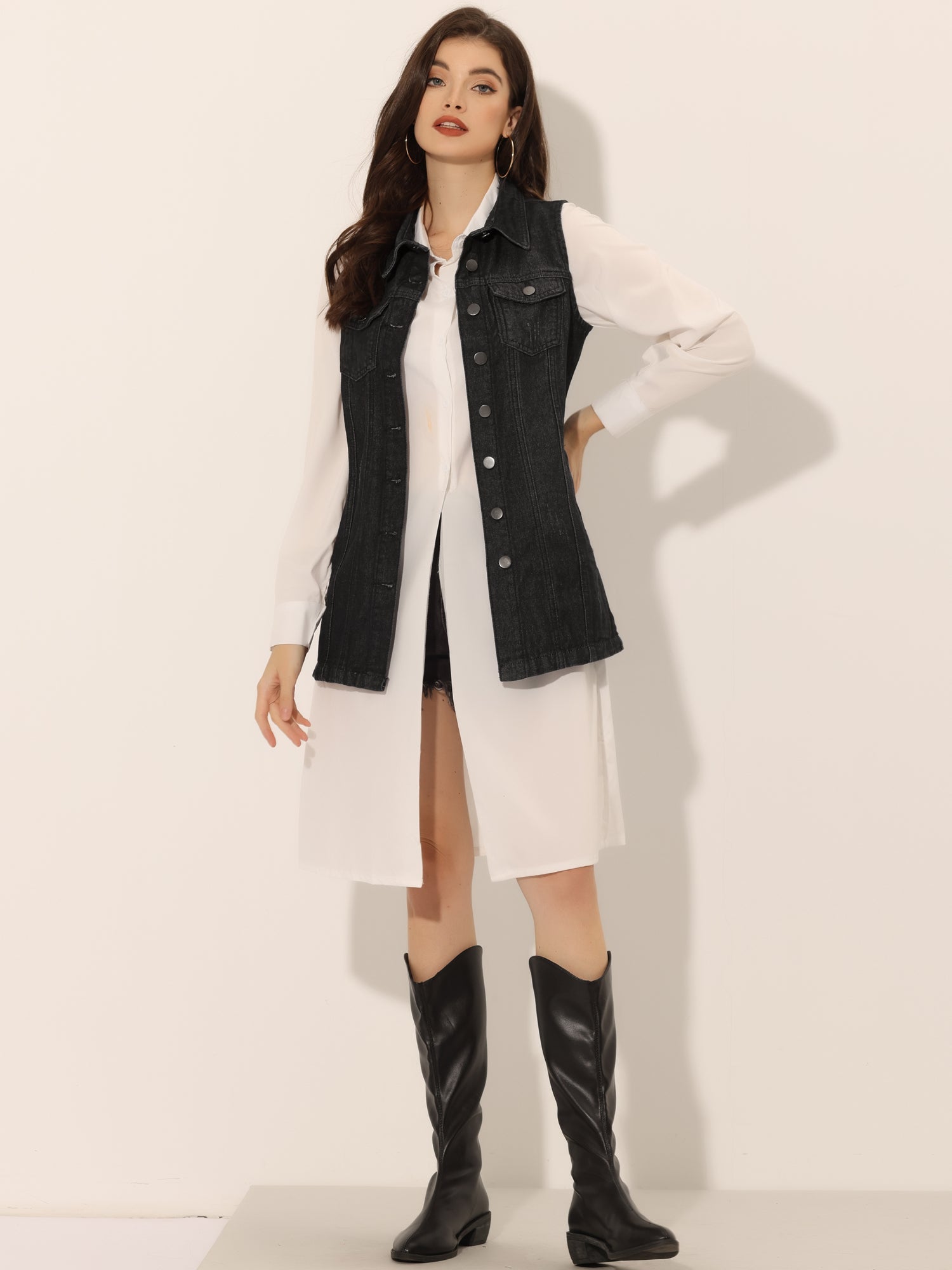 Casual Button Down Waistcoat Sleeveless Mid Long Denim Vest