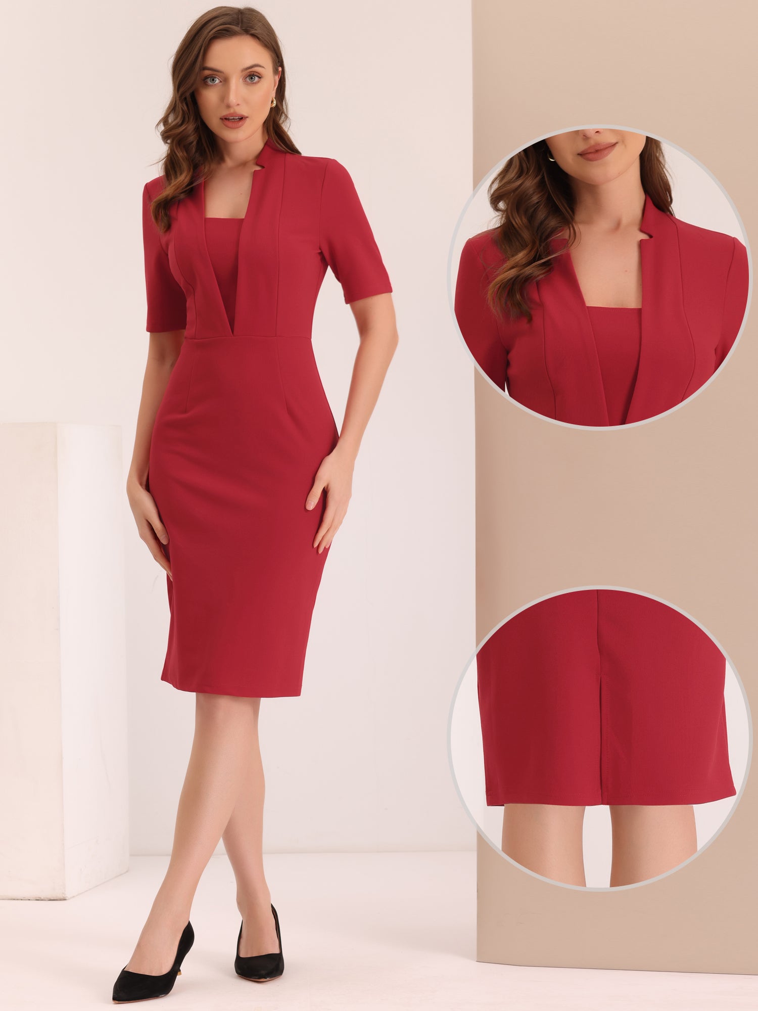 Formal Pencil V Neck Short Sleeve Office Bodycon Sheath Dress