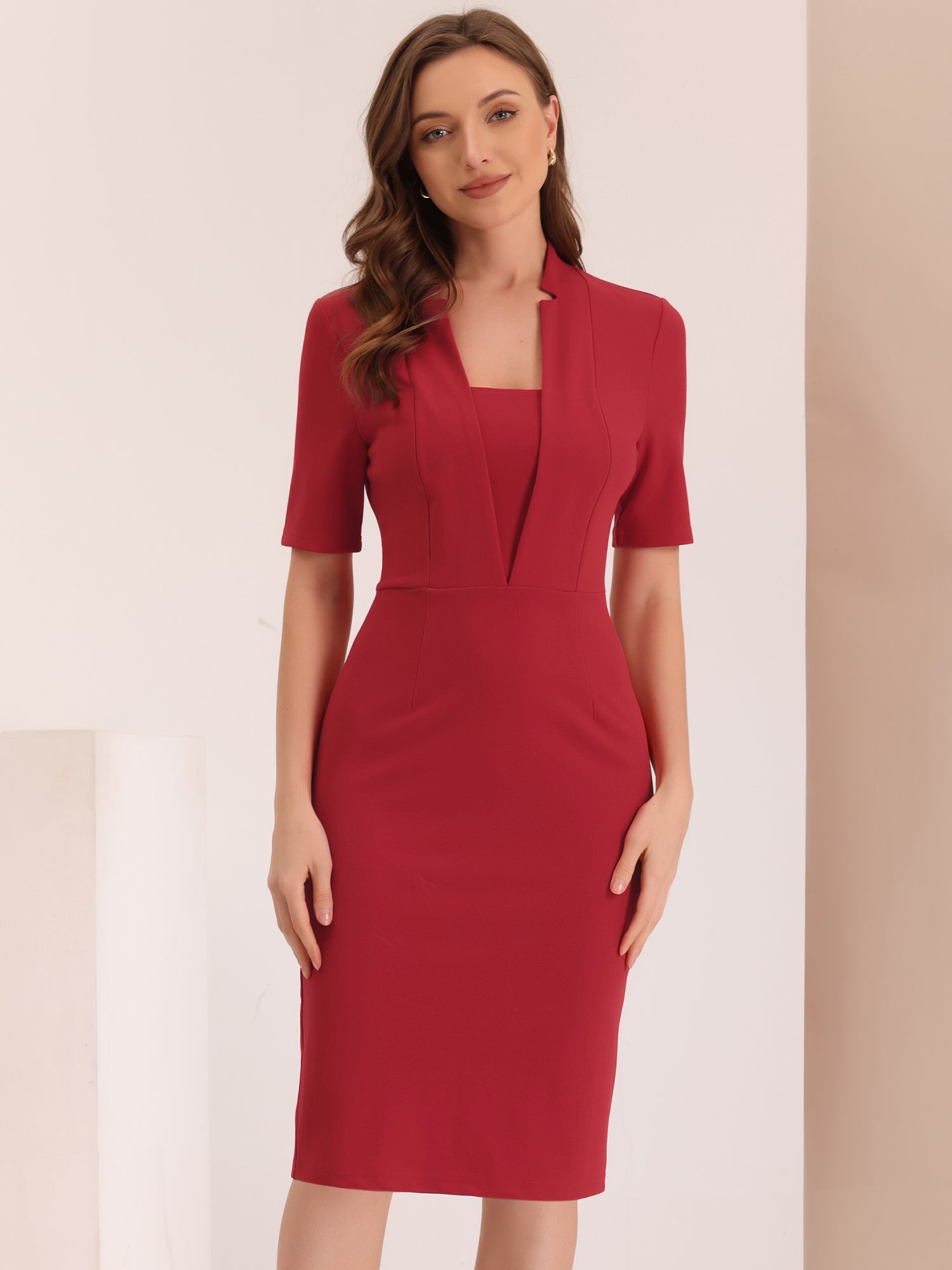 Formal Pencil V Neck Short Sleeve Office Bodycon Sheath Dress