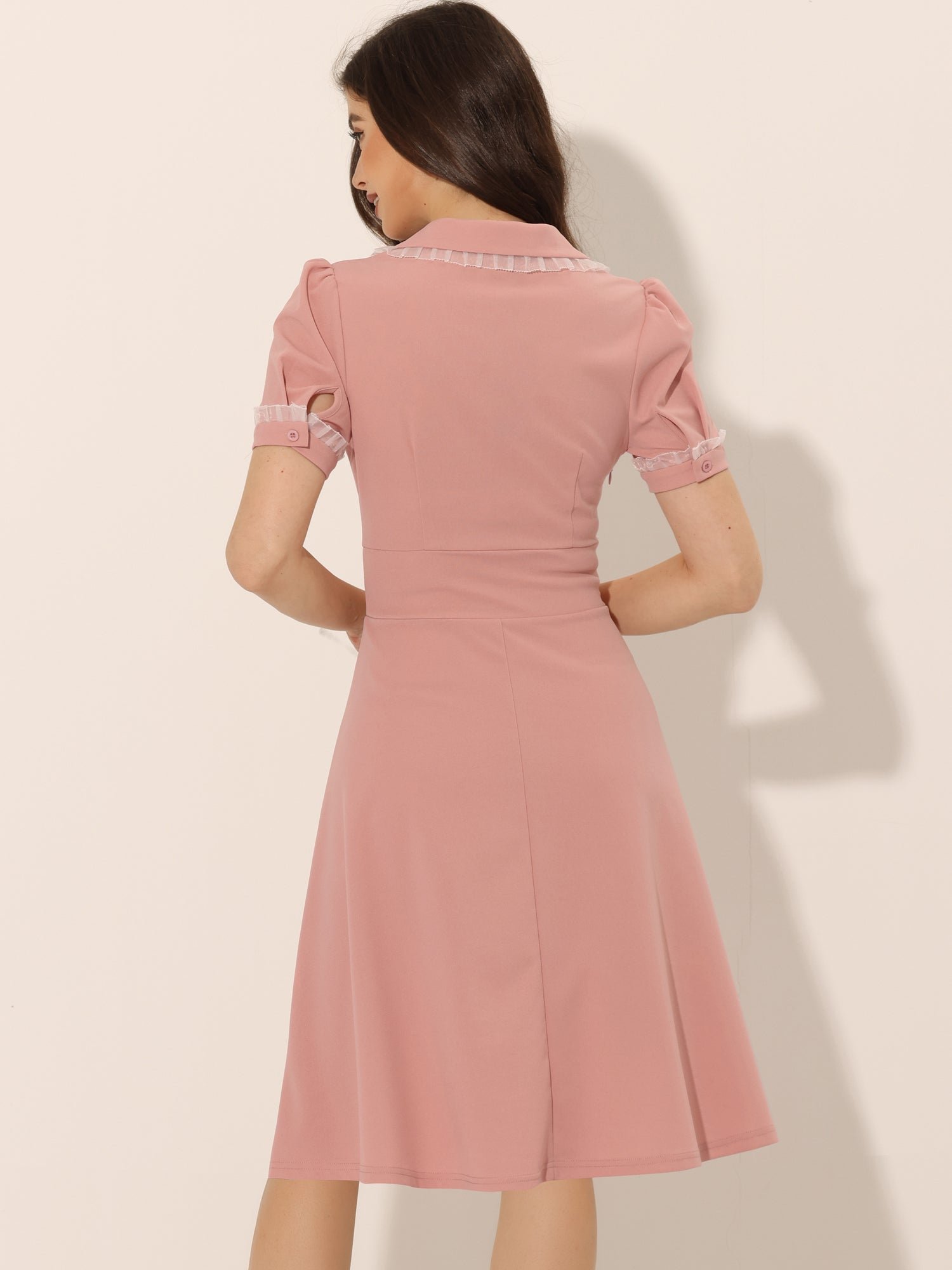 Work Lace Notched Collar Vintage 1950s Short Sleeve Midi Shirt Dress