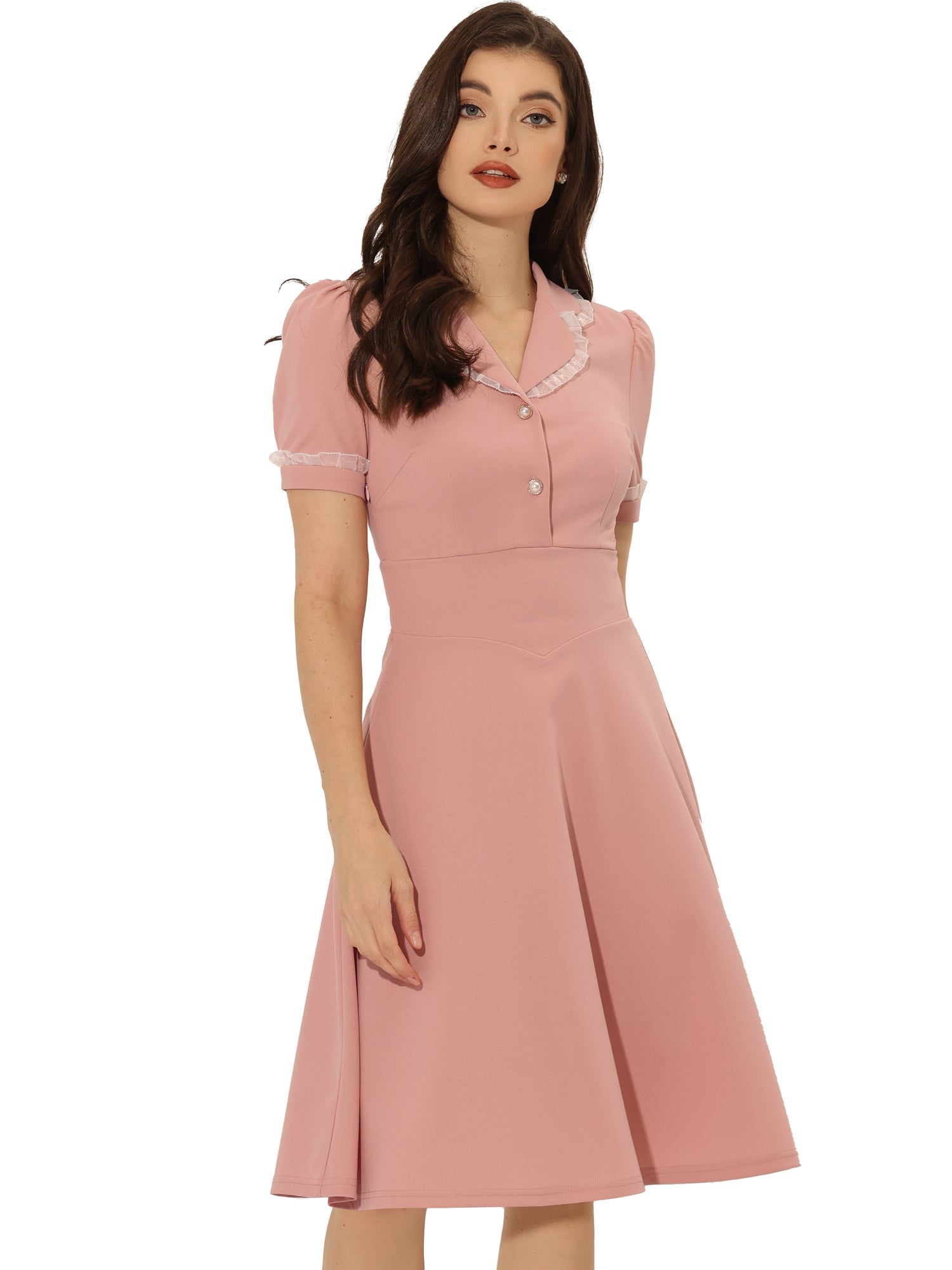 Work Lace Notched Collar Vintage 1950s Short Sleeve Midi Shirt Dress