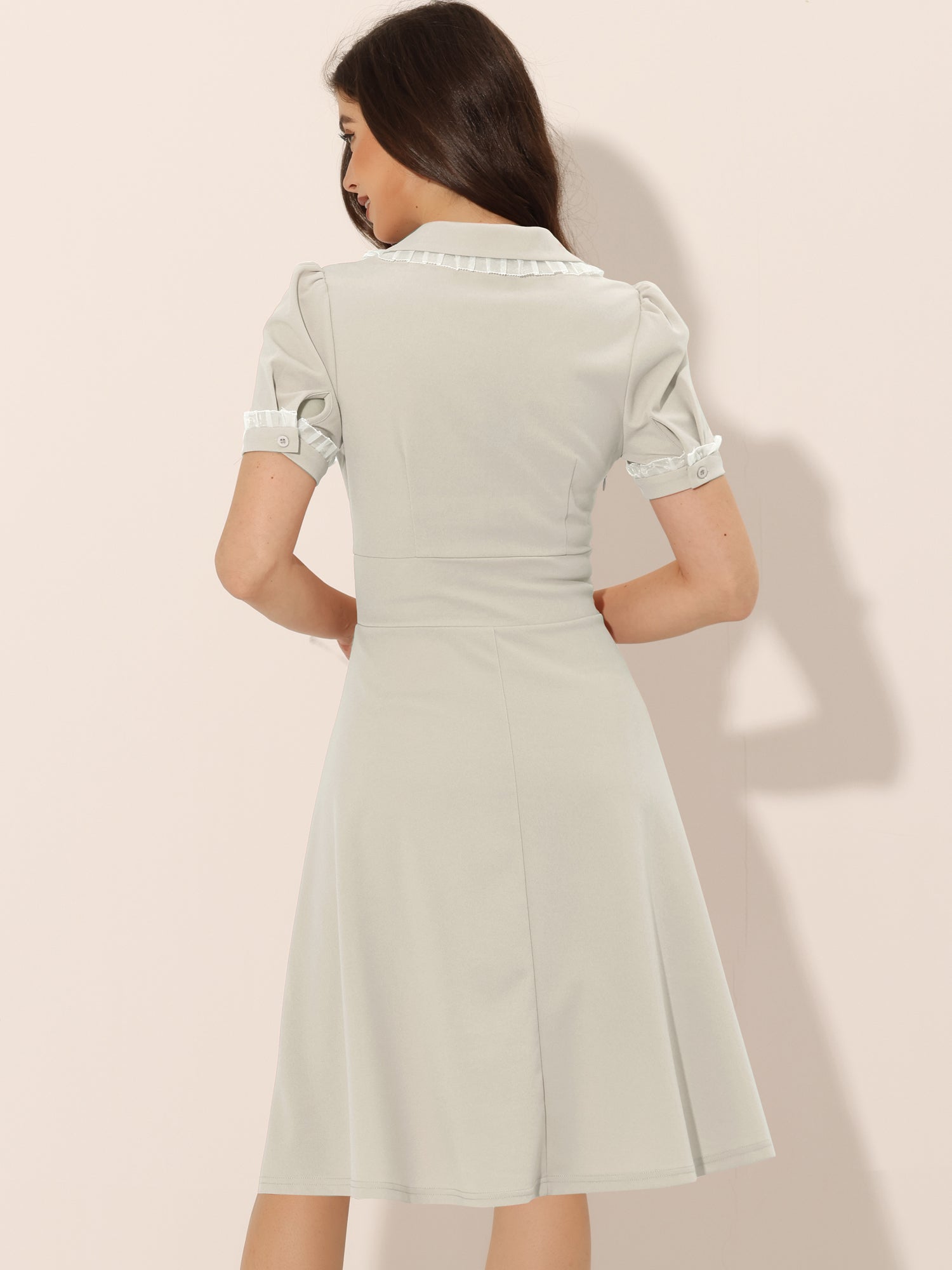 Work Lace Notched Collar Vintage 1950s Short Sleeve Midi Shirt Dress