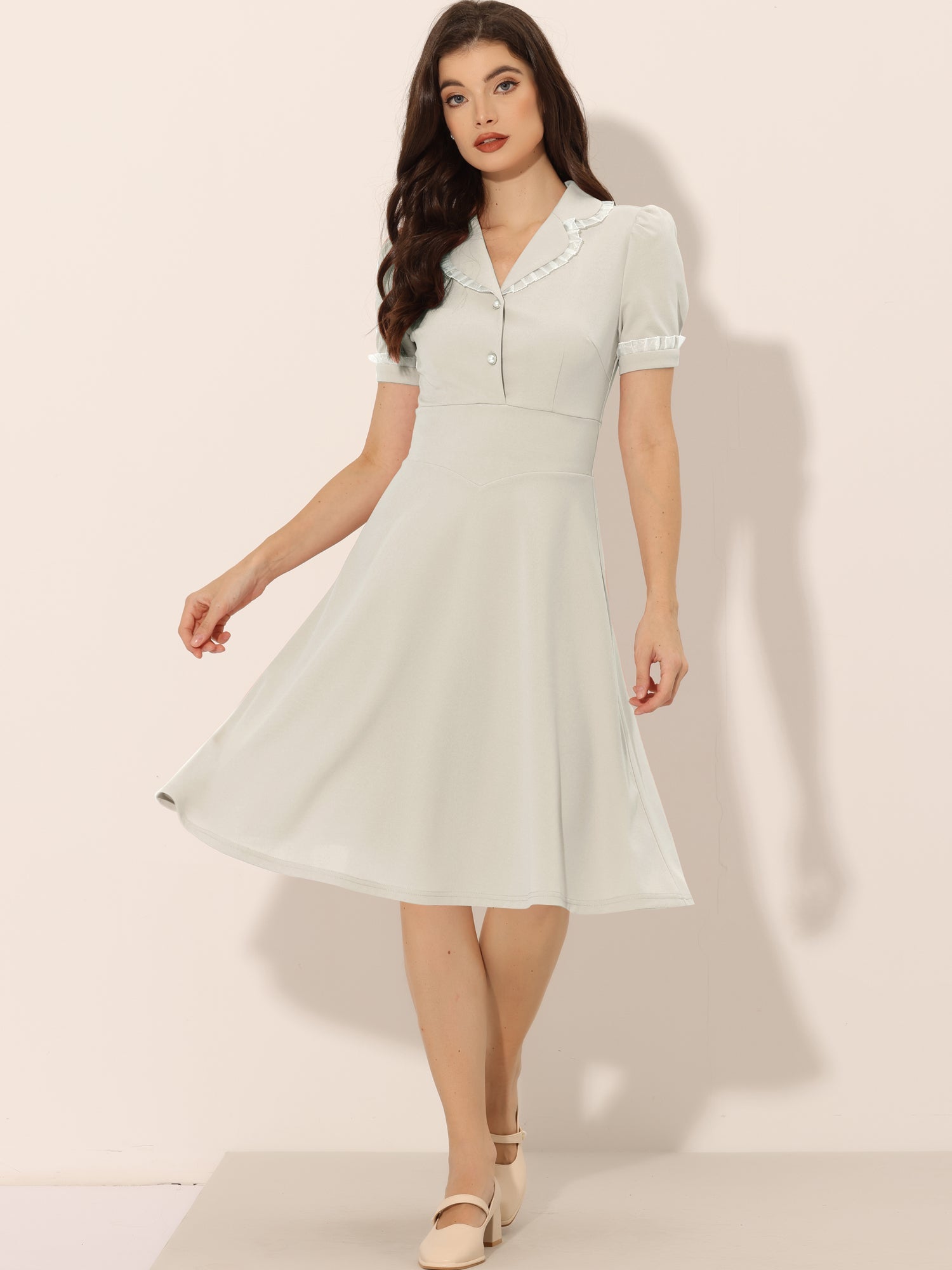 Work Lace Notched Collar Vintage 1950s Short Sleeve Midi Shirt Dress