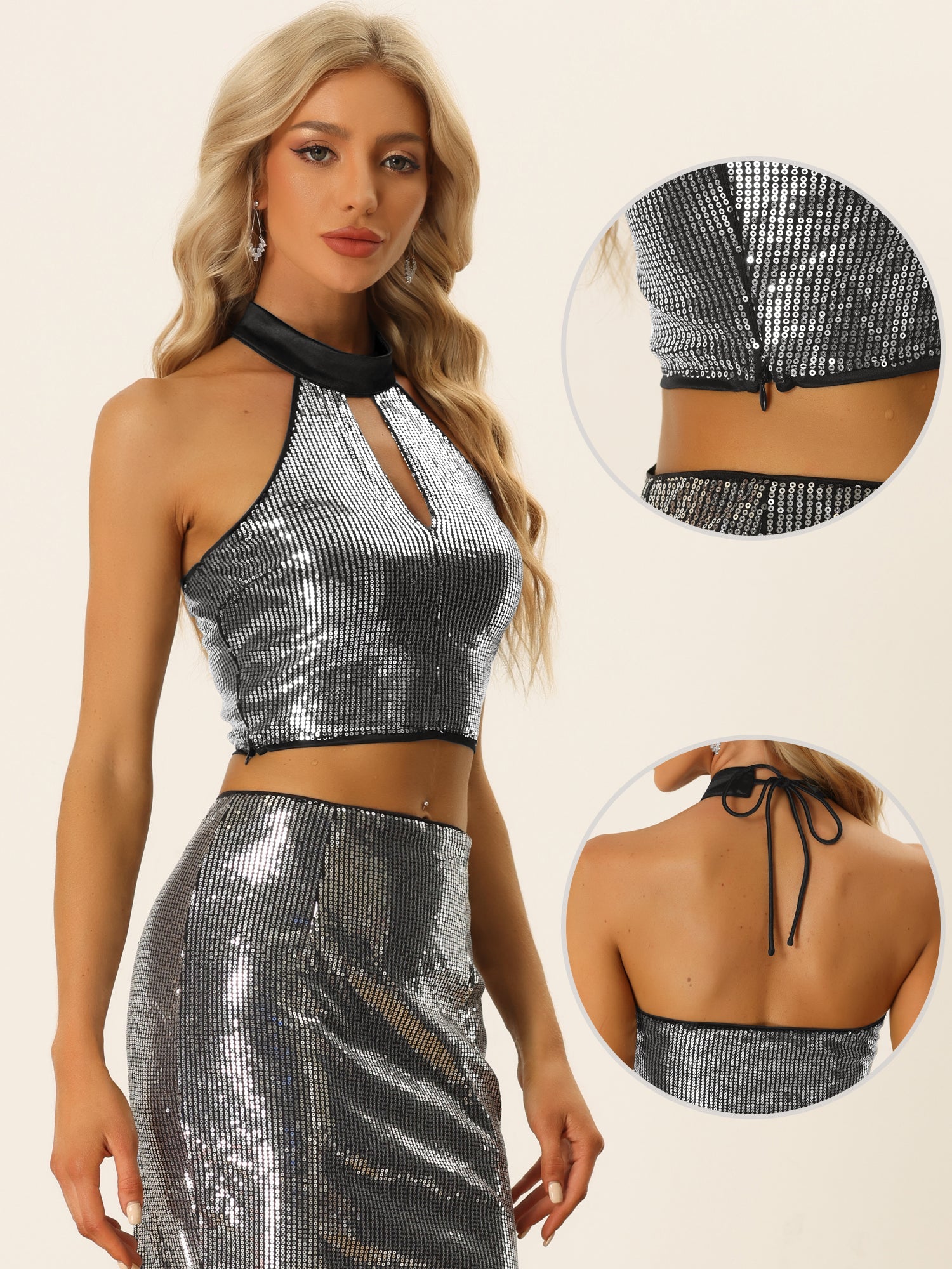 Sequin Halter Neck Sleeveless Cutout Shiny Party Crop Top