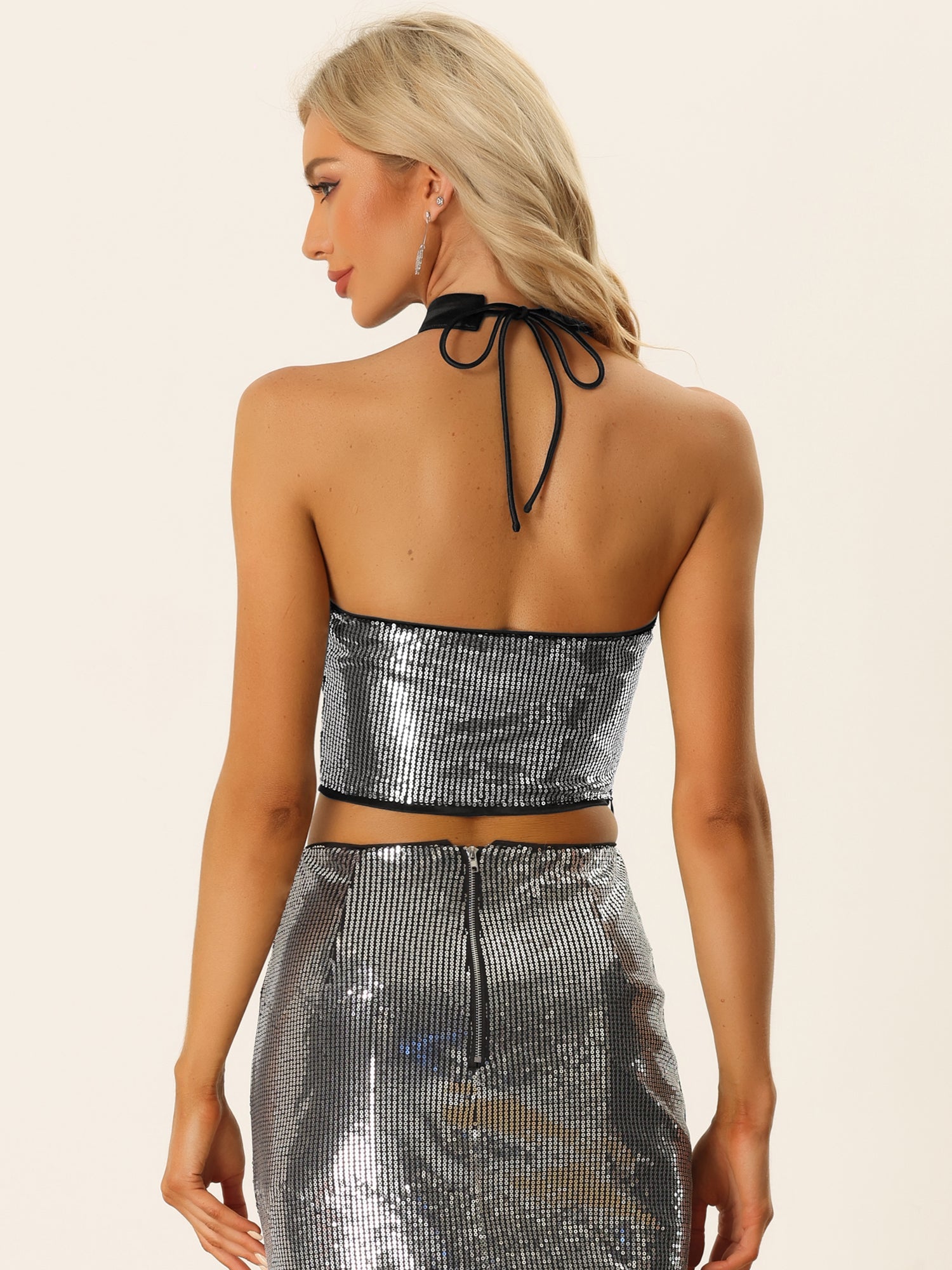 Sequin Halter Neck Sleeveless Cutout Shiny Party Crop Top