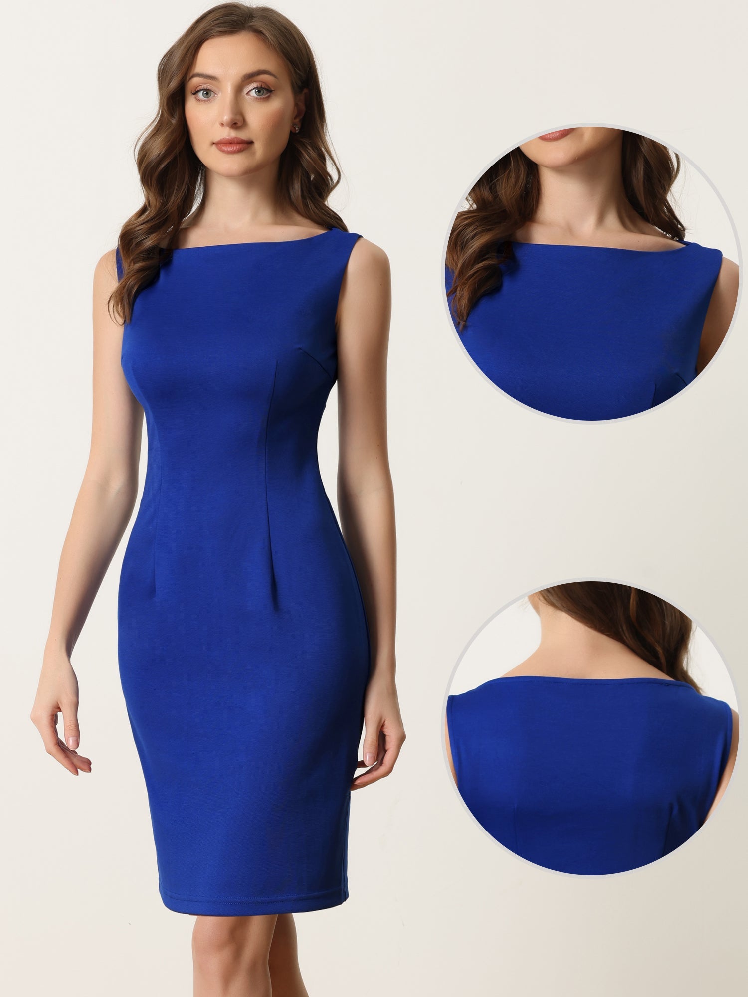 Sleeveless Sheath Boat Neck Casual Office Solid Midi Dress