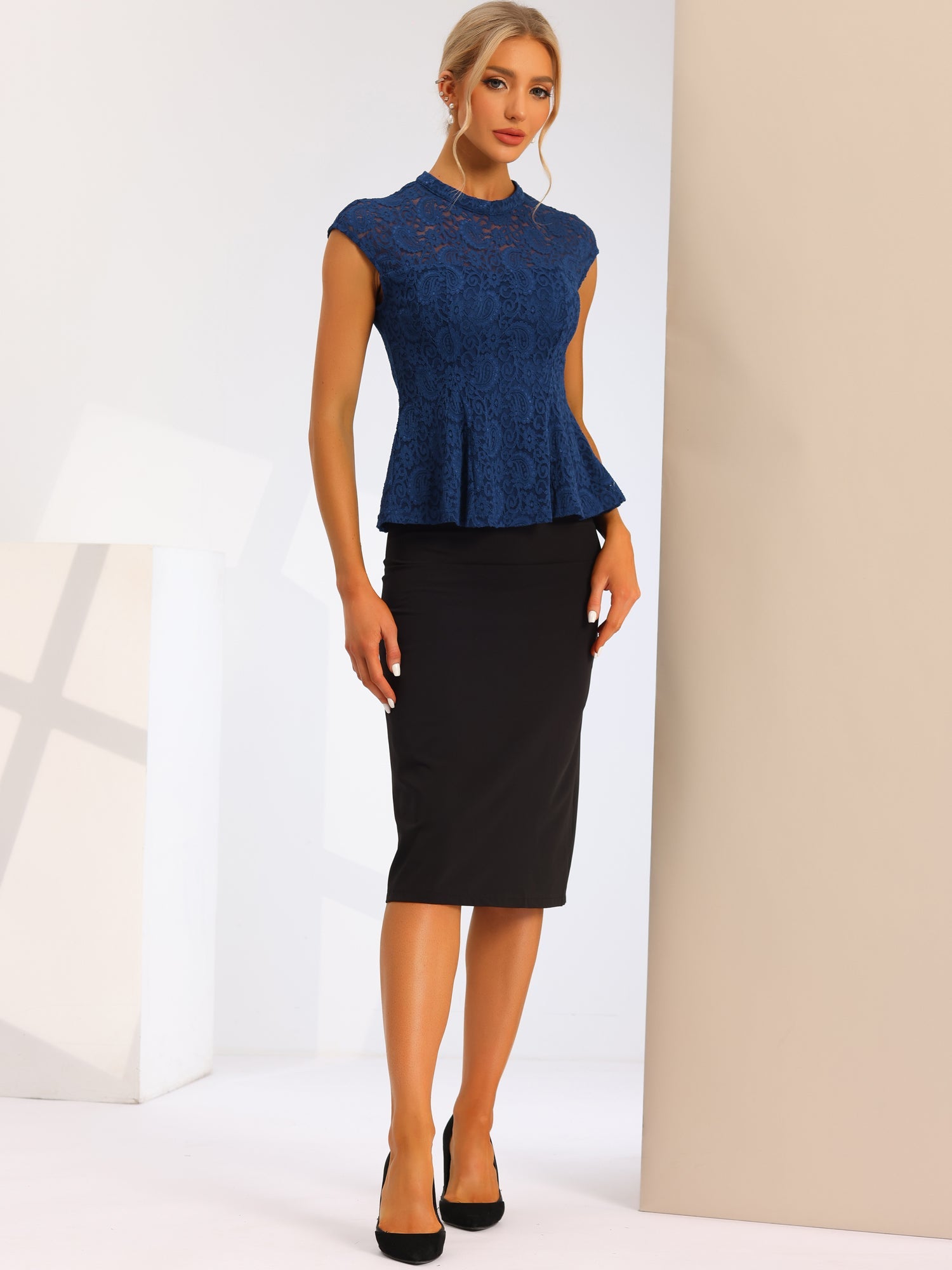 Crochet Peplum Floral Mock Neck Cap Sleeve Lace Blouse