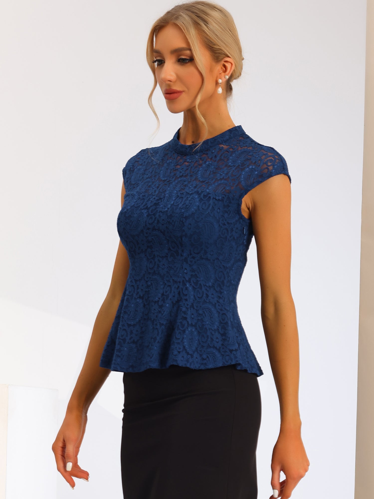 Crochet Peplum Floral Mock Neck Cap Sleeve Lace Blouse