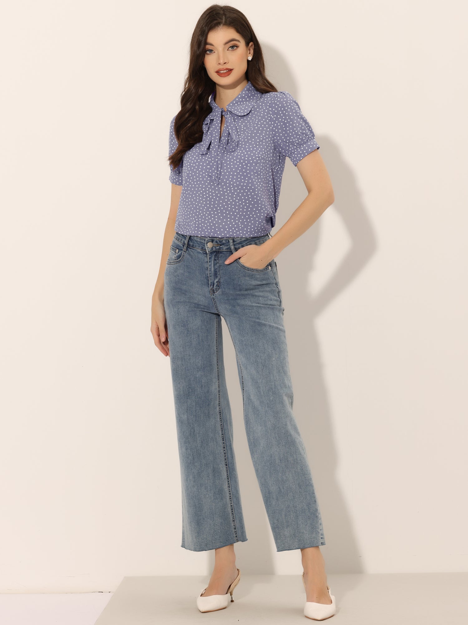 Retro Dots Bow Tie Peter Pan Collar Chiffon Blouse