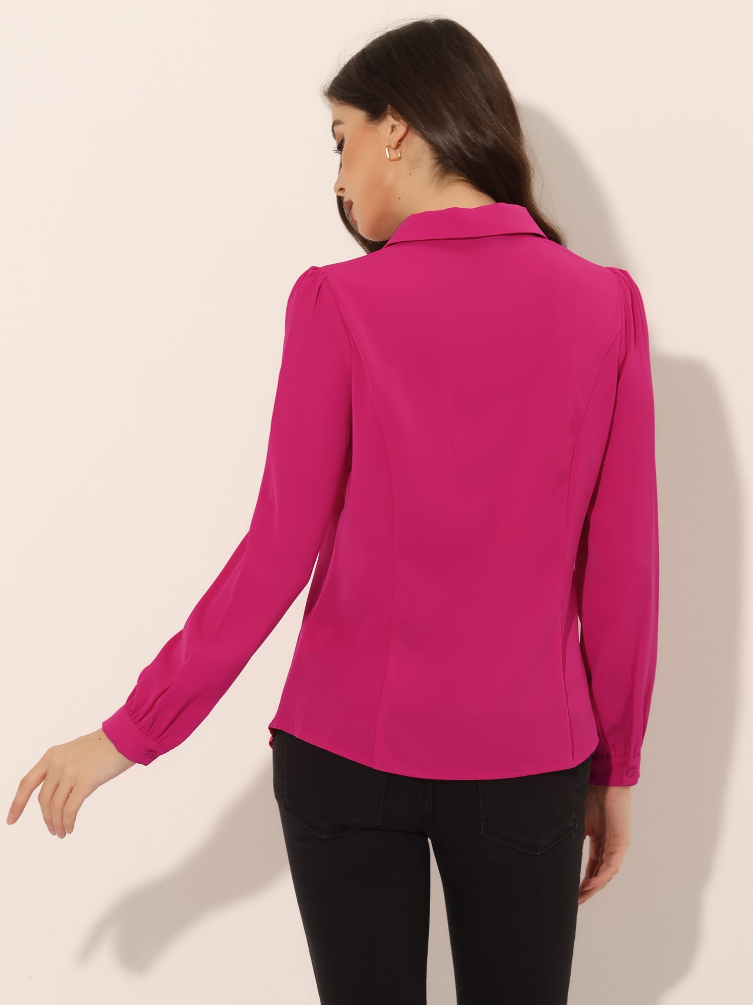 Peter Pan Collar Chiffon Bow Tie Neck Puff Sleeve Button Blouse