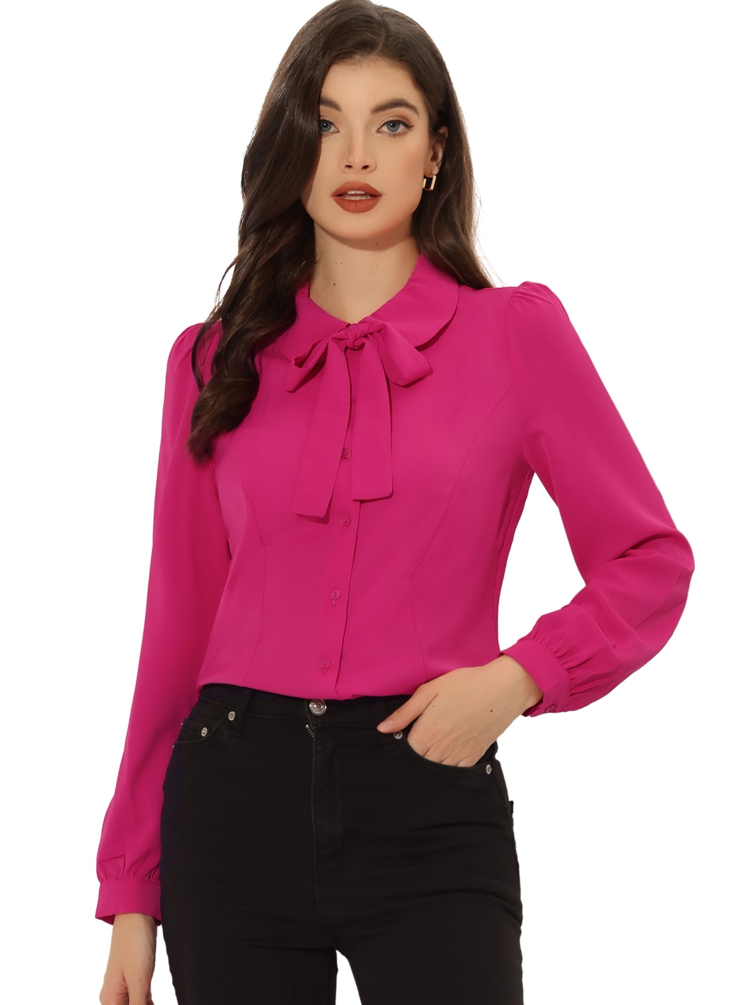 Peter Pan Collar Chiffon Bow Tie Neck Puff Sleeve Button Blouse