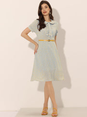 Peter Pan Collar Tie Neck Short Sleeve A-Line Belted Floral Dress