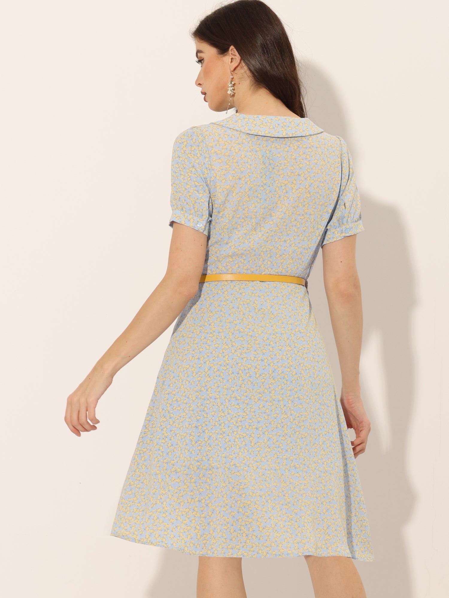 Peter Pan Collar Tie Neck Short Sleeve A-Line Belted Floral Dress