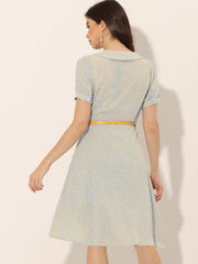 Peter Pan Collar Tie Neck Short Sleeve A-Line Belted Floral Dress