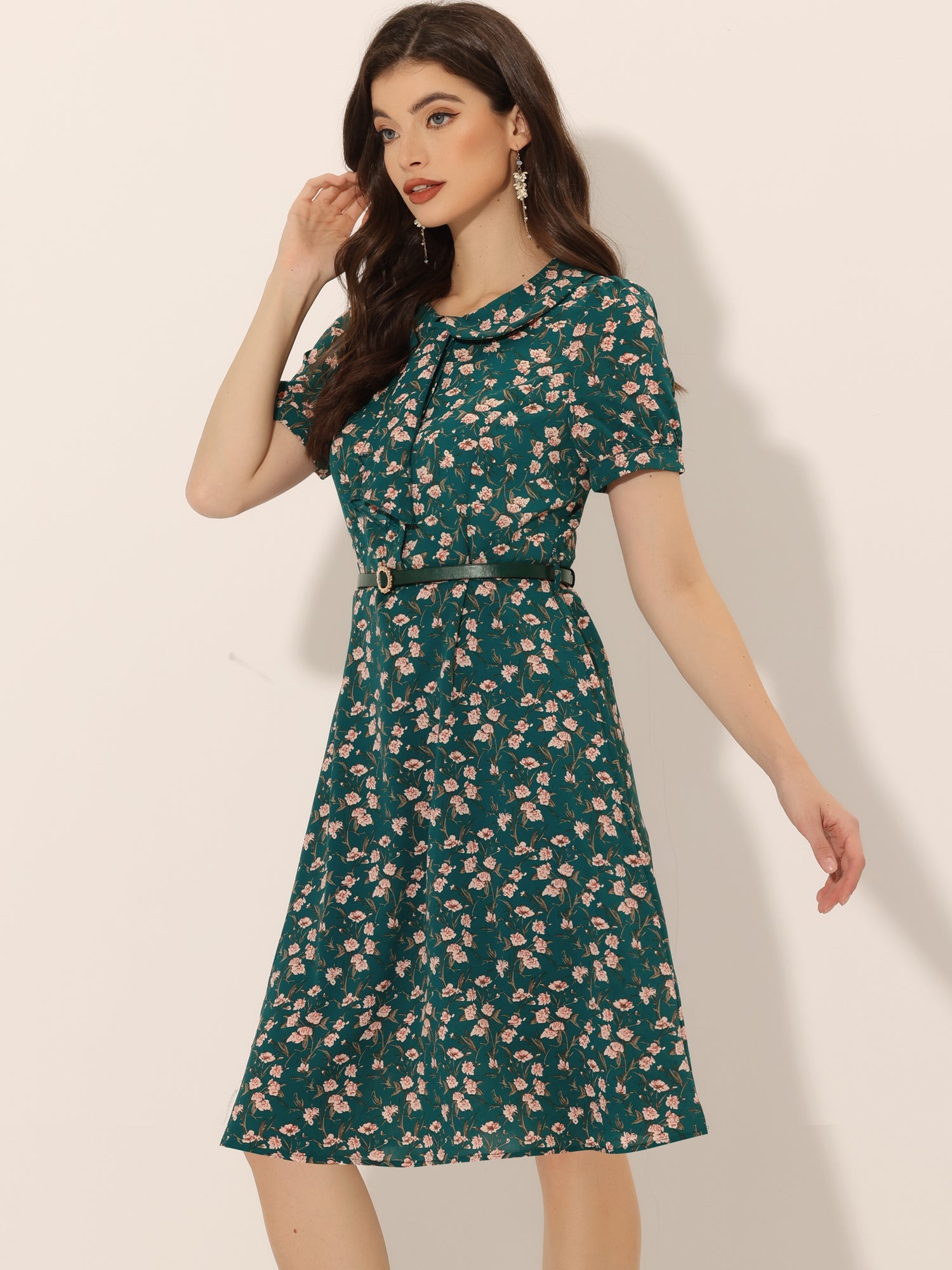 Peter Pan Collar Tie Neck Short Sleeve A-Line Belted Floral Dress