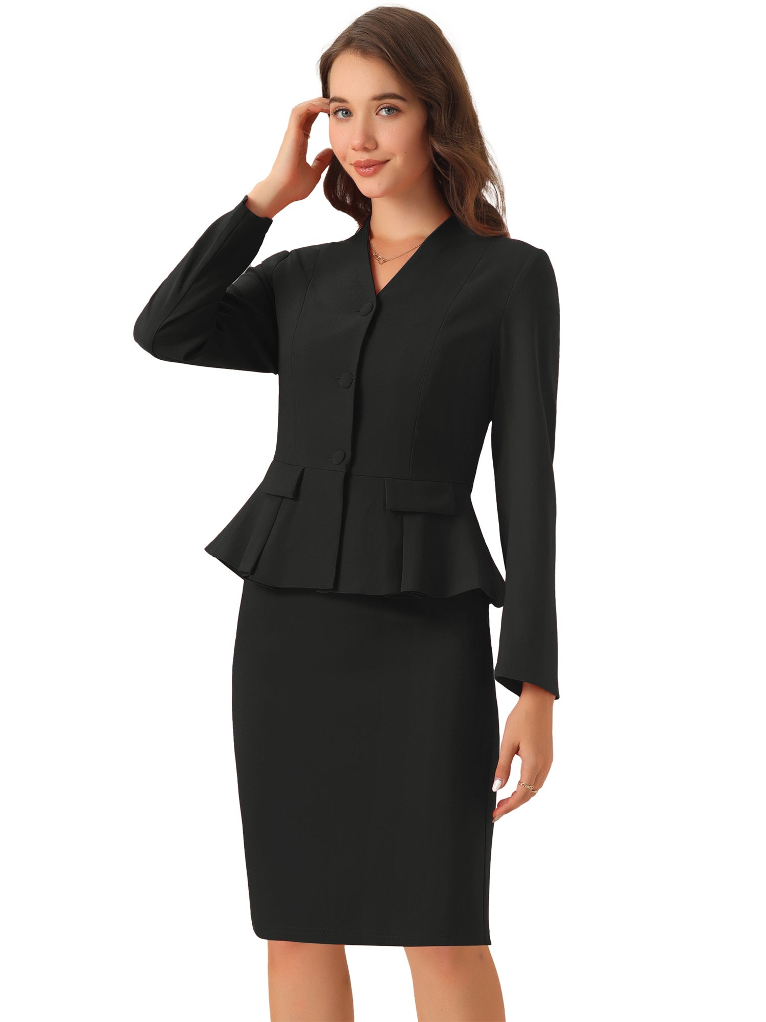 2 Piece Long Sleeve Collarless Peplum Blazer and Pencil Skirt Work Suit Set