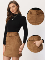 Faux Suede Casual High Waist Belted A-Line Mini Skirts