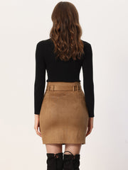 Faux Suede Casual High Waist Belted A-Line Mini Skirts