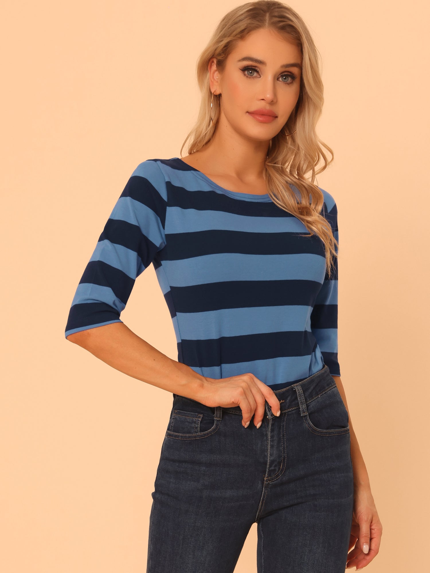 Striped 3/4 Sleeve Casual Basic Boat Neck T-shirt