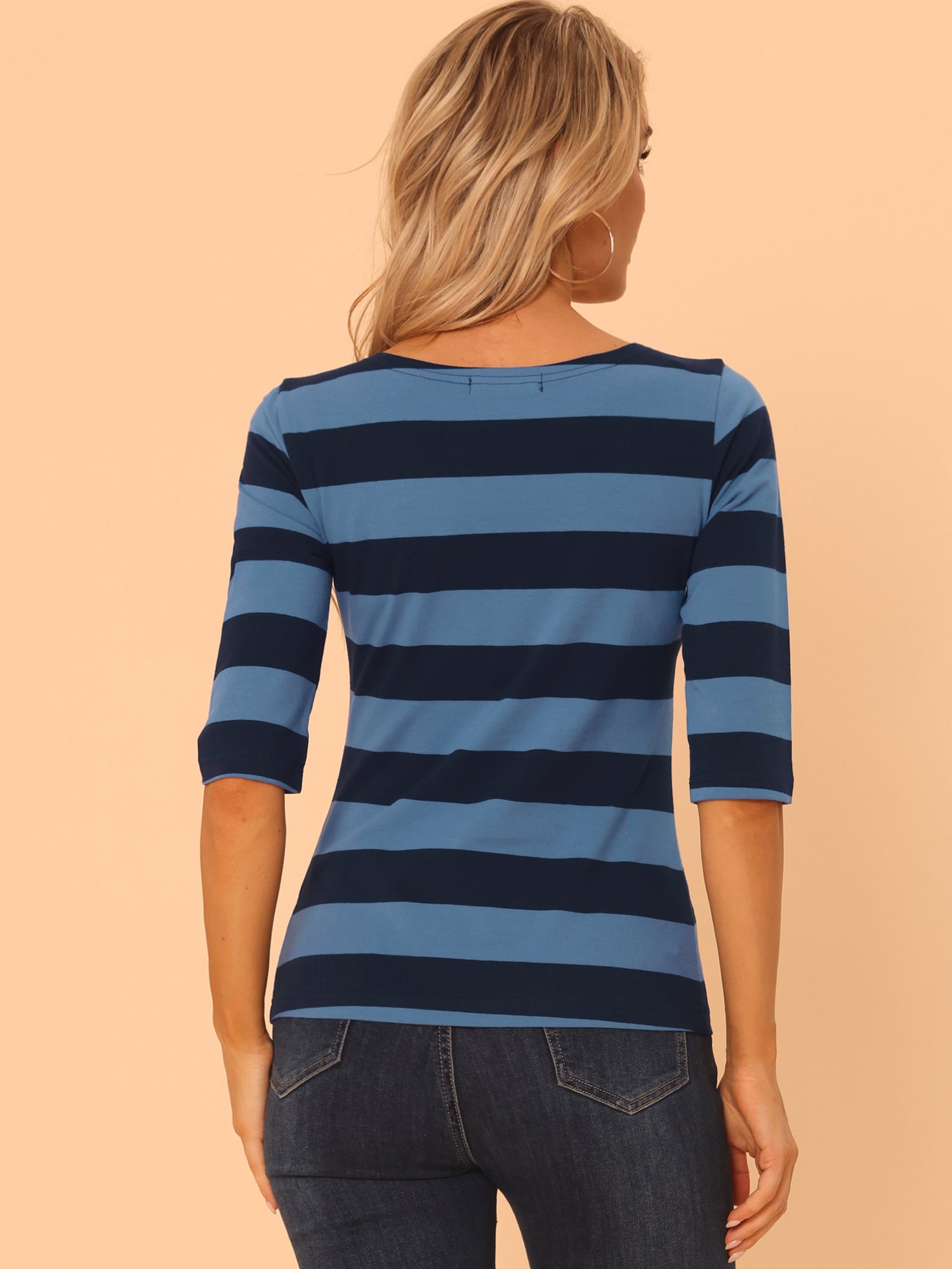 Striped 3/4 Sleeve Casual Basic Boat Neck T-shirt
