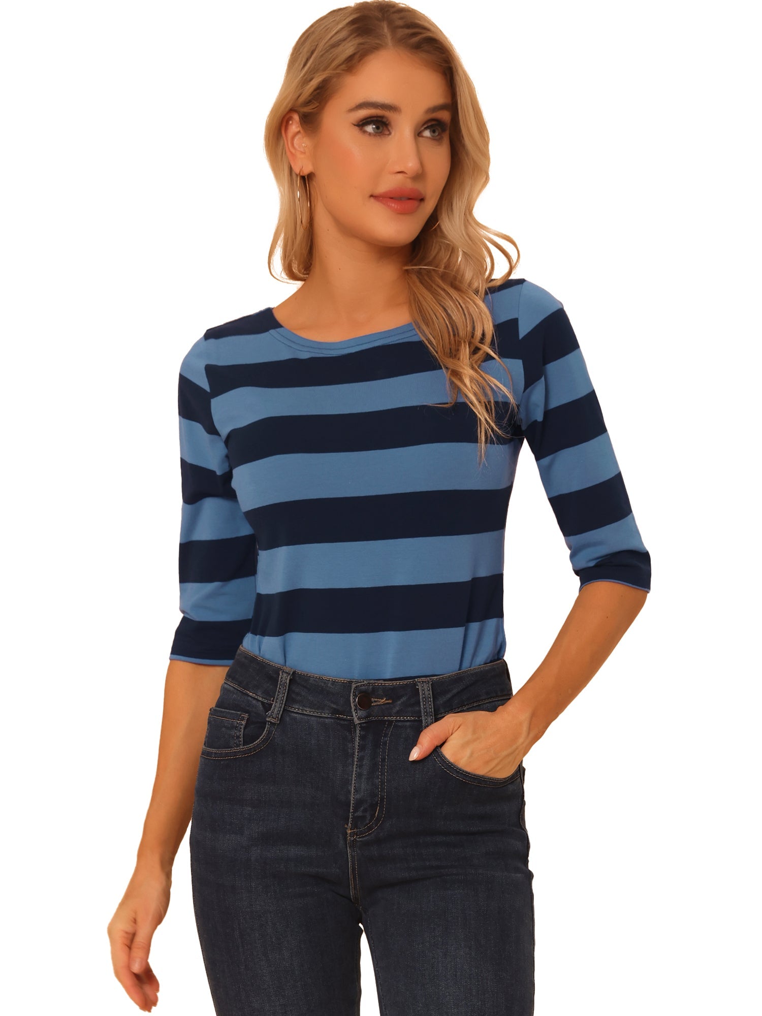 Striped 3/4 Sleeve Casual Basic Boat Neck T-shirt