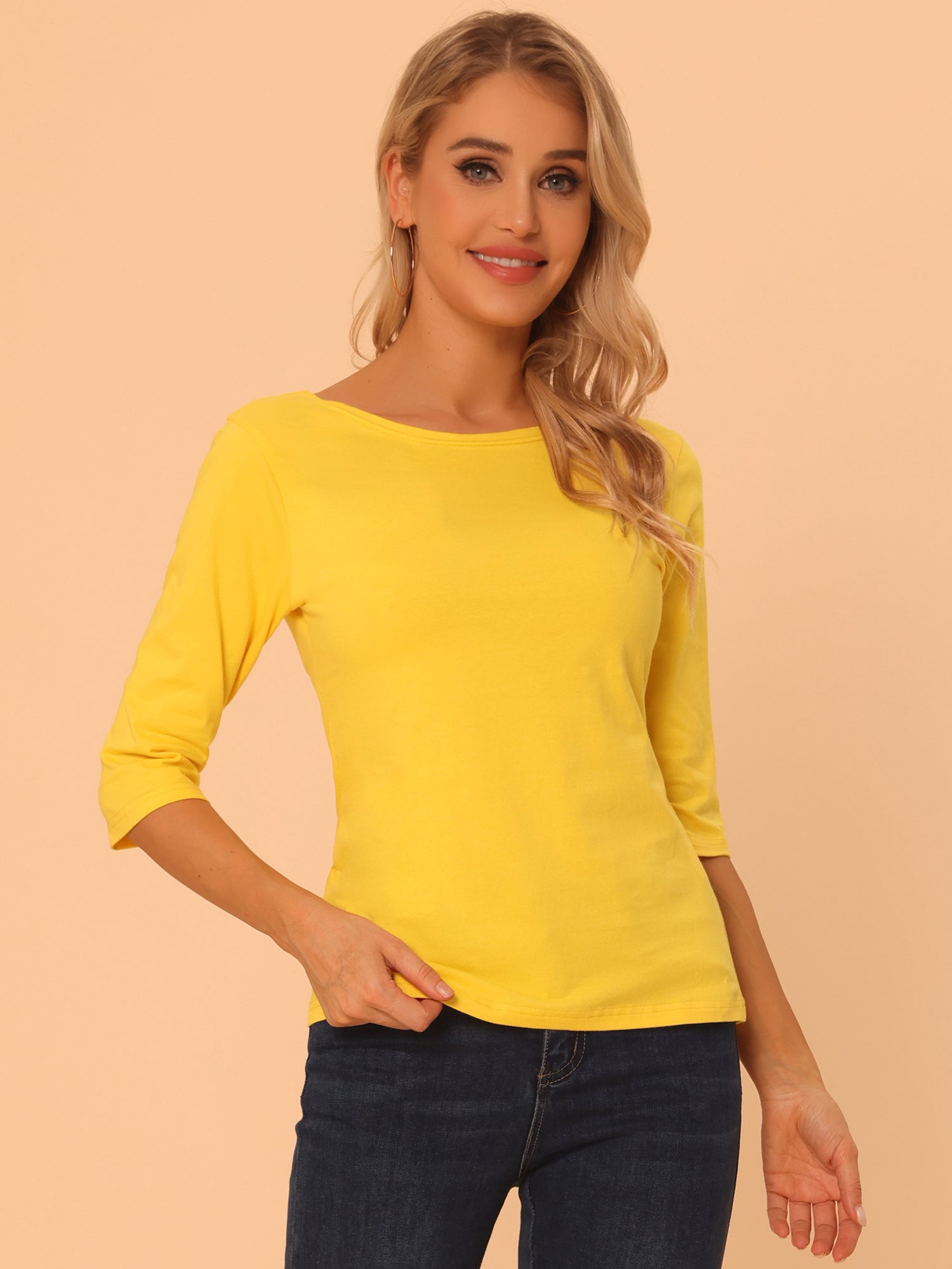 Casual Boat Neck 3/4 Sleeve Solid Basic T-shirt