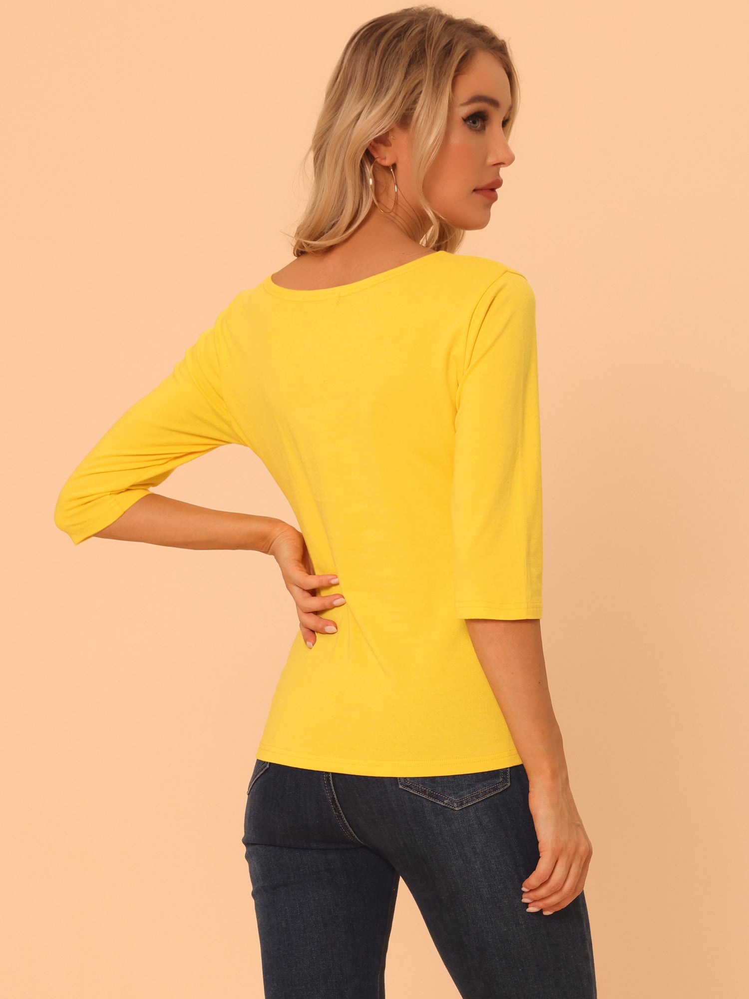 Casual Boat Neck 3/4 Sleeve Solid Basic T-shirt