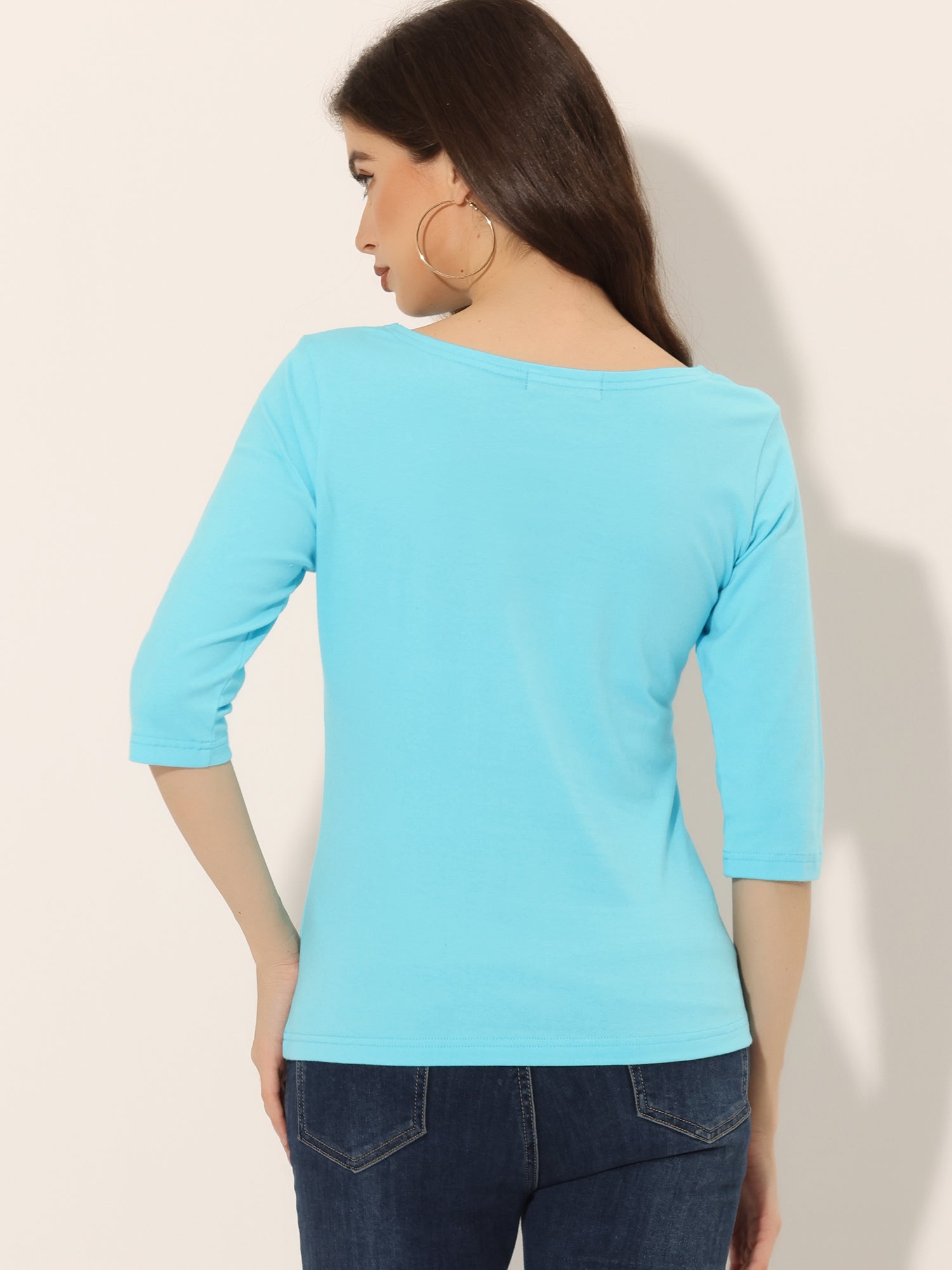Casual Boat Neck 3/4 Sleeve Solid Basic T-shirt