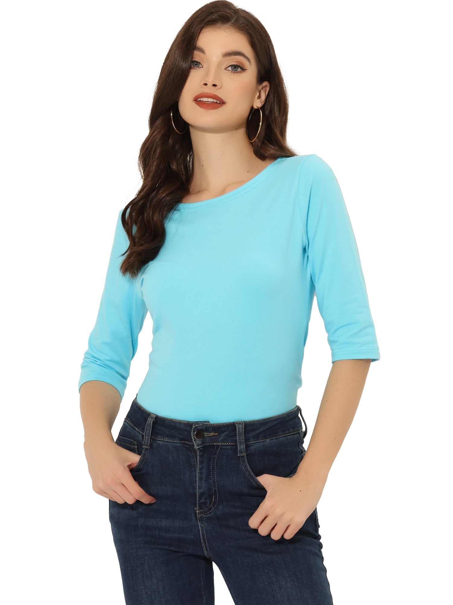 Casual Boat Neck 3/4 Sleeve Solid Basic T-shirt