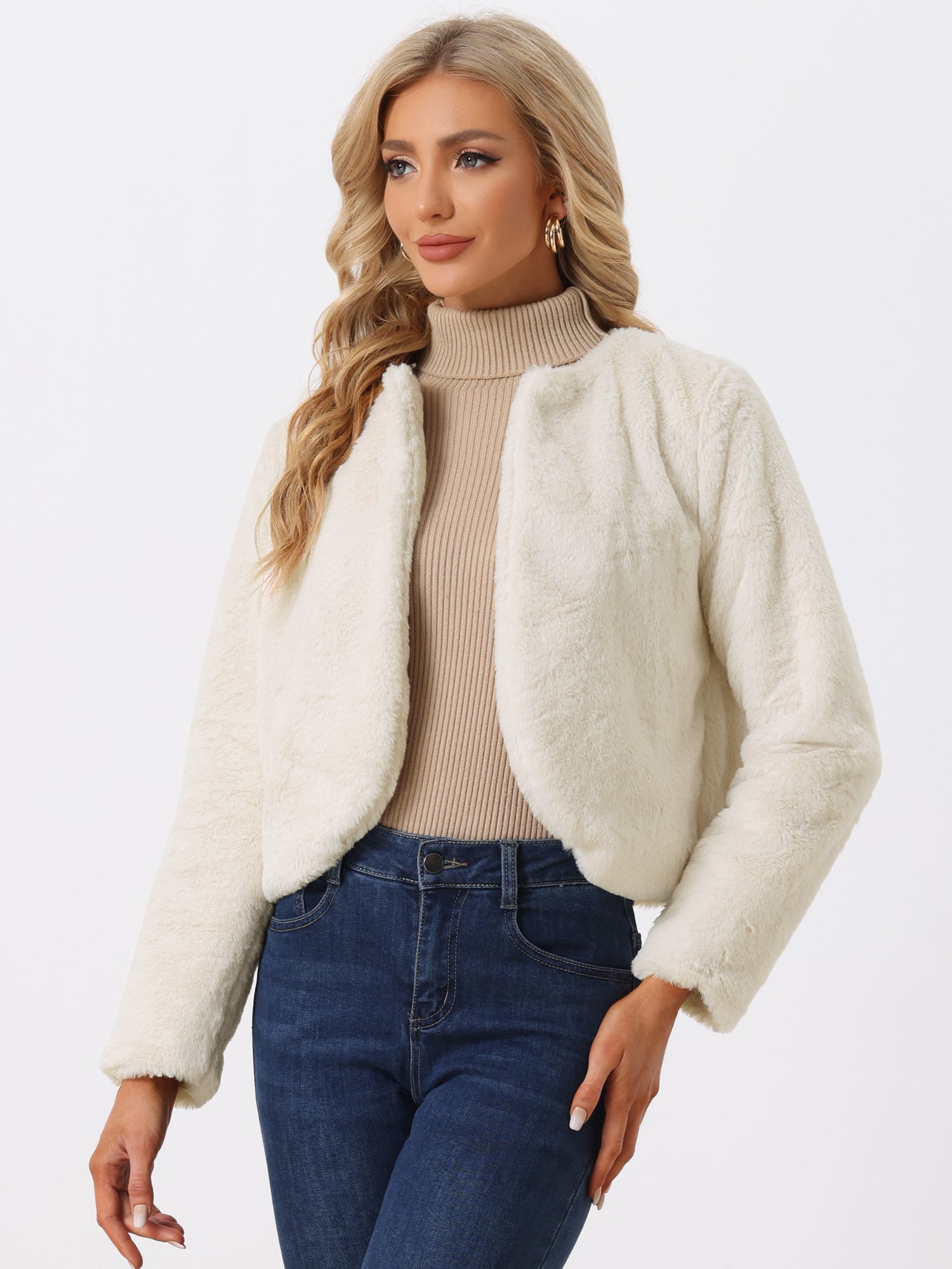 Winter Open Front Long Sleeve Faux Fur Bolero Shrugs Jacket