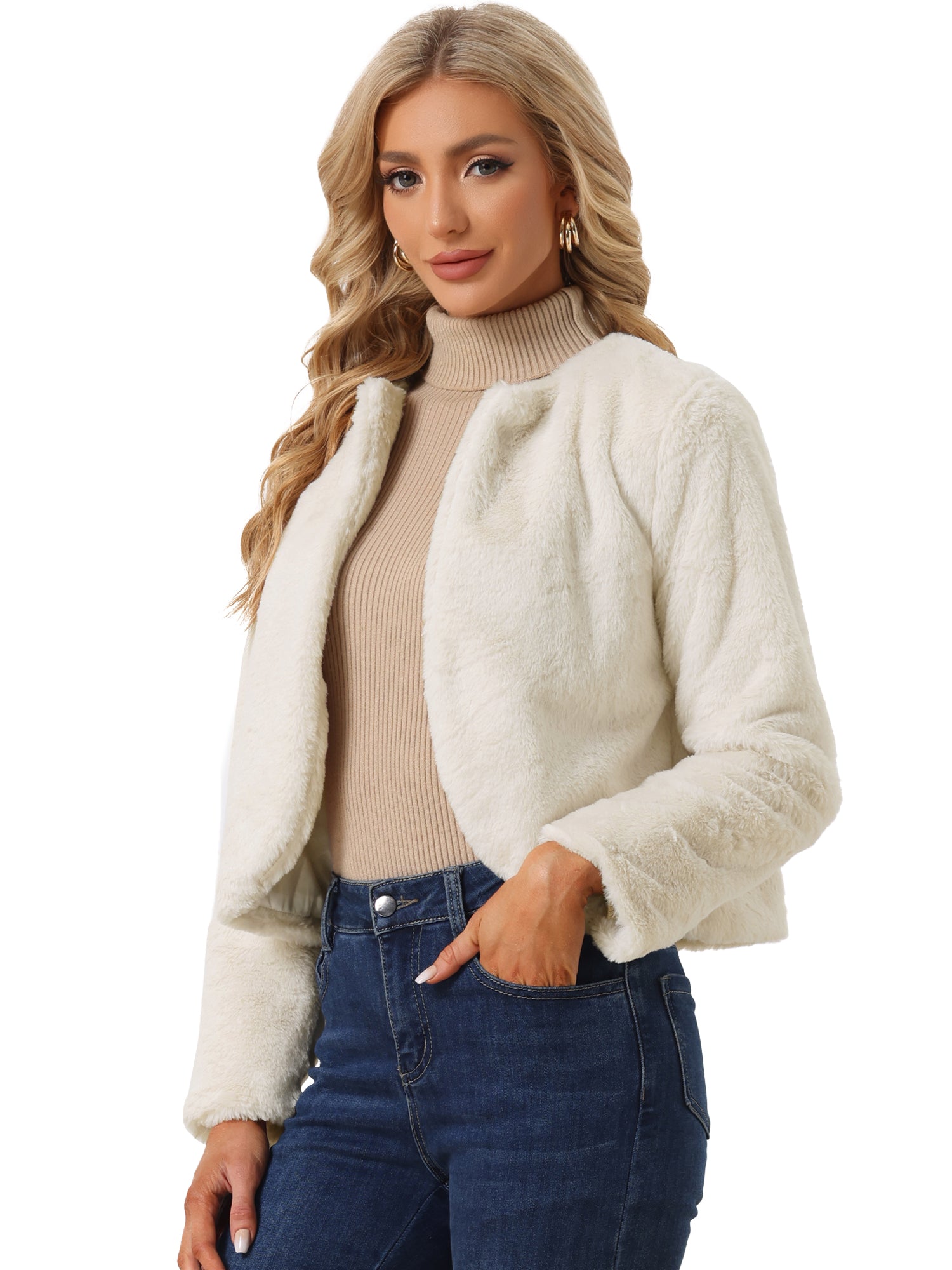Winter Open Front Long Sleeve Faux Fur Bolero Shrugs Jacket