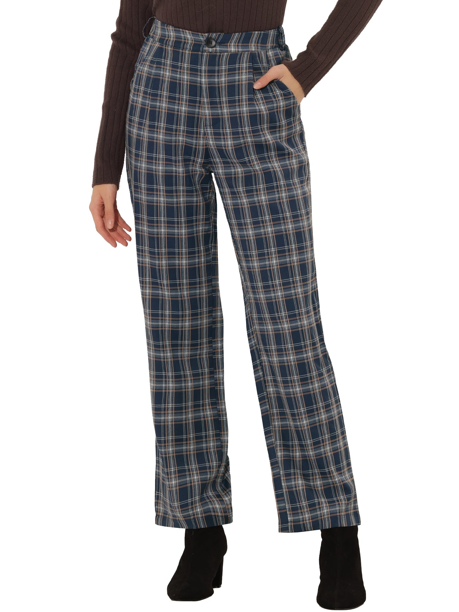 Plaid Elastic Waist Casual Work Office Long Pants
