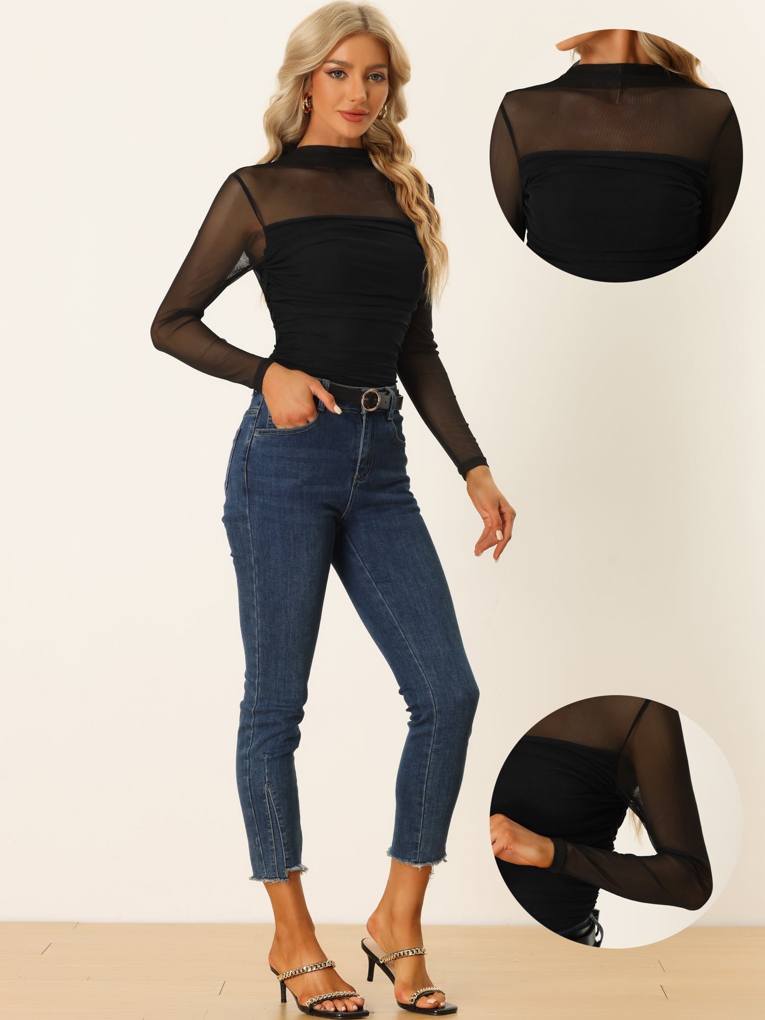 Mesh Solid Long Sleeve Mock Neck Sheer Panel Side Shirring Top