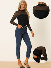 Mesh Solid Long Sleeve Mock Neck Sheer Panel Side Shirring Top