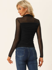 Mesh Solid Long Sleeve Mock Neck Sheer Panel Side Shirring Top